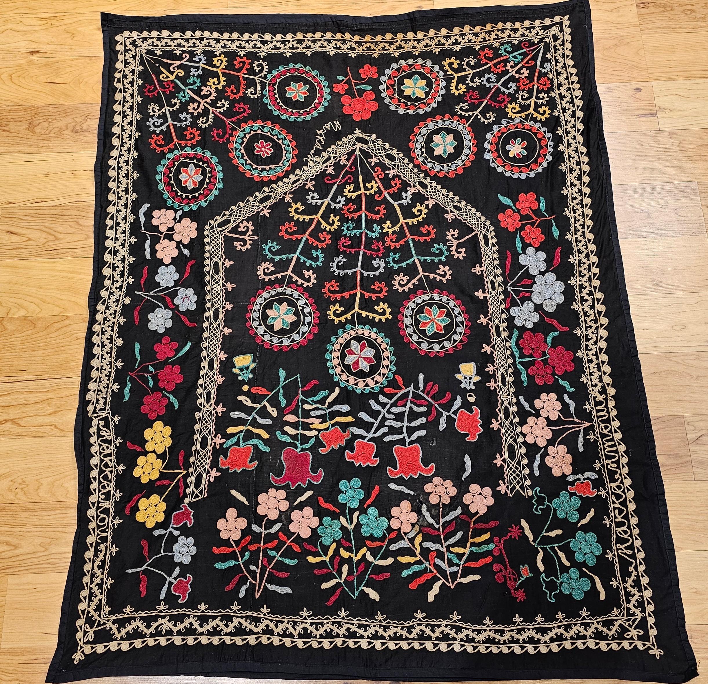 Vintage Hand Embroidered Uzbek Silk Suzani in Black, Red, Green, Yellow Wall Art For Sale 10