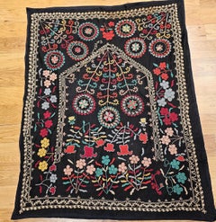 Vintage Hand Embroidered Uzbek Silk Suzani in Black, Red, Green, Yellow Wall Art