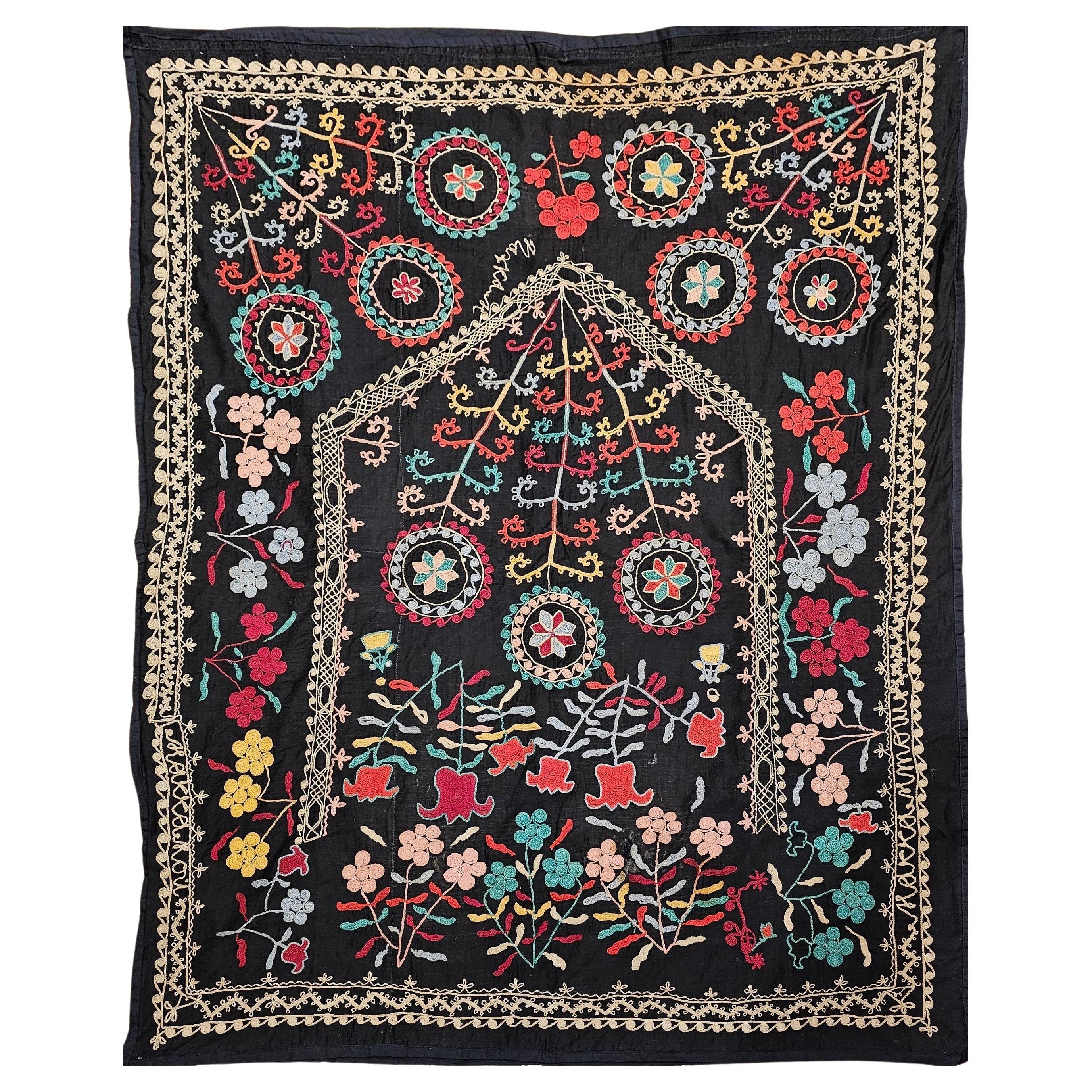 Vintage Hand Embroidered Uzbek Silk Suzani in Black, Red, Green, Yellow Wall Art For Sale