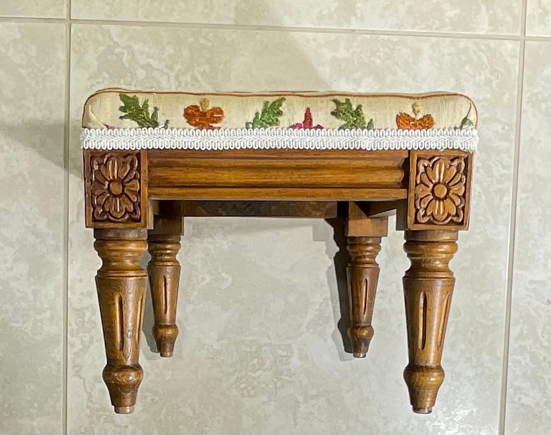 Silk Vintage Hand Embroidery Suzani and Carved Wood Foot Stool For Sale