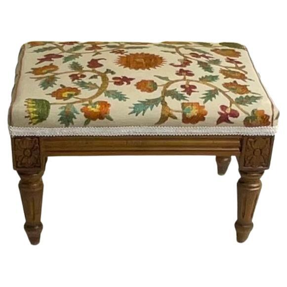 Vintage Hand Embroidery Suzani and Carved Wood Foot Stool For Sale
