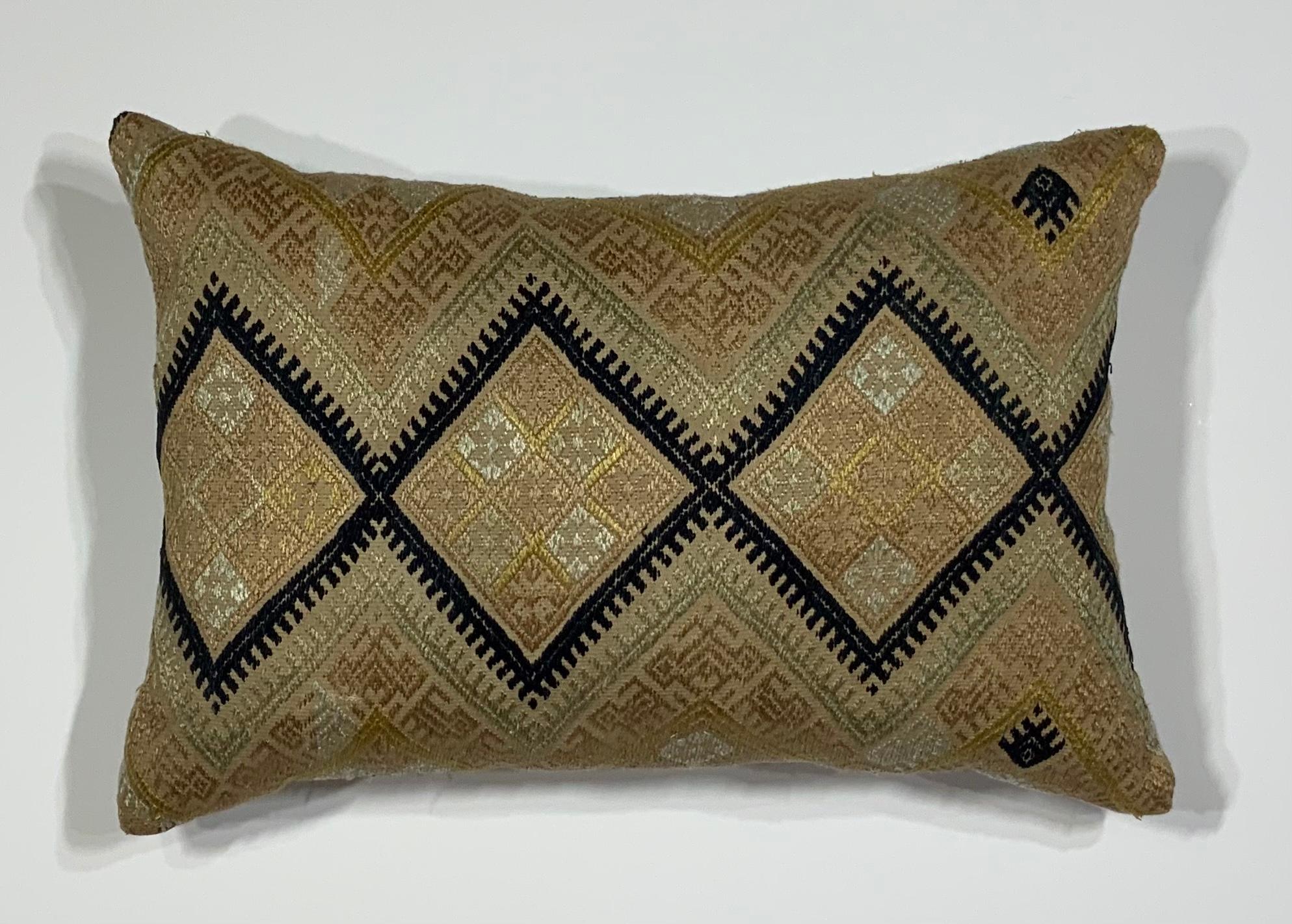 Pillow made of hand embroidery silk on cotton cream color background. geometric and motifs. Linen backing, fresh quality insert.
 