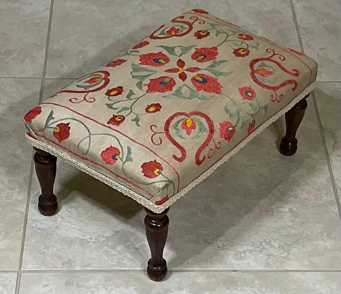 American Vintage Hand Embroidery Suzani Textile Upholstered Foot Stool