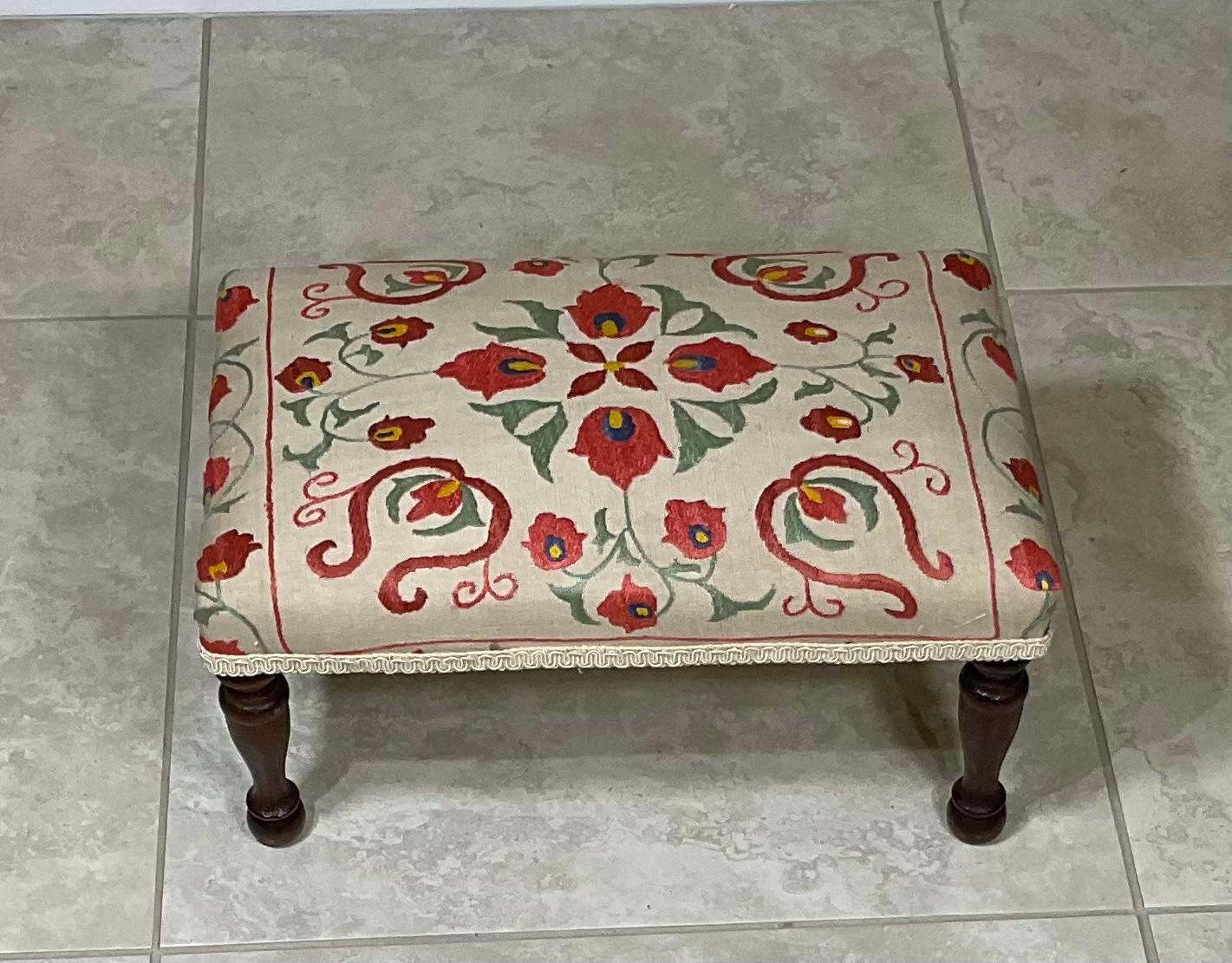 Embroidered Vintage Hand Embroidery Suzani Textile Upholstered Foot Stool