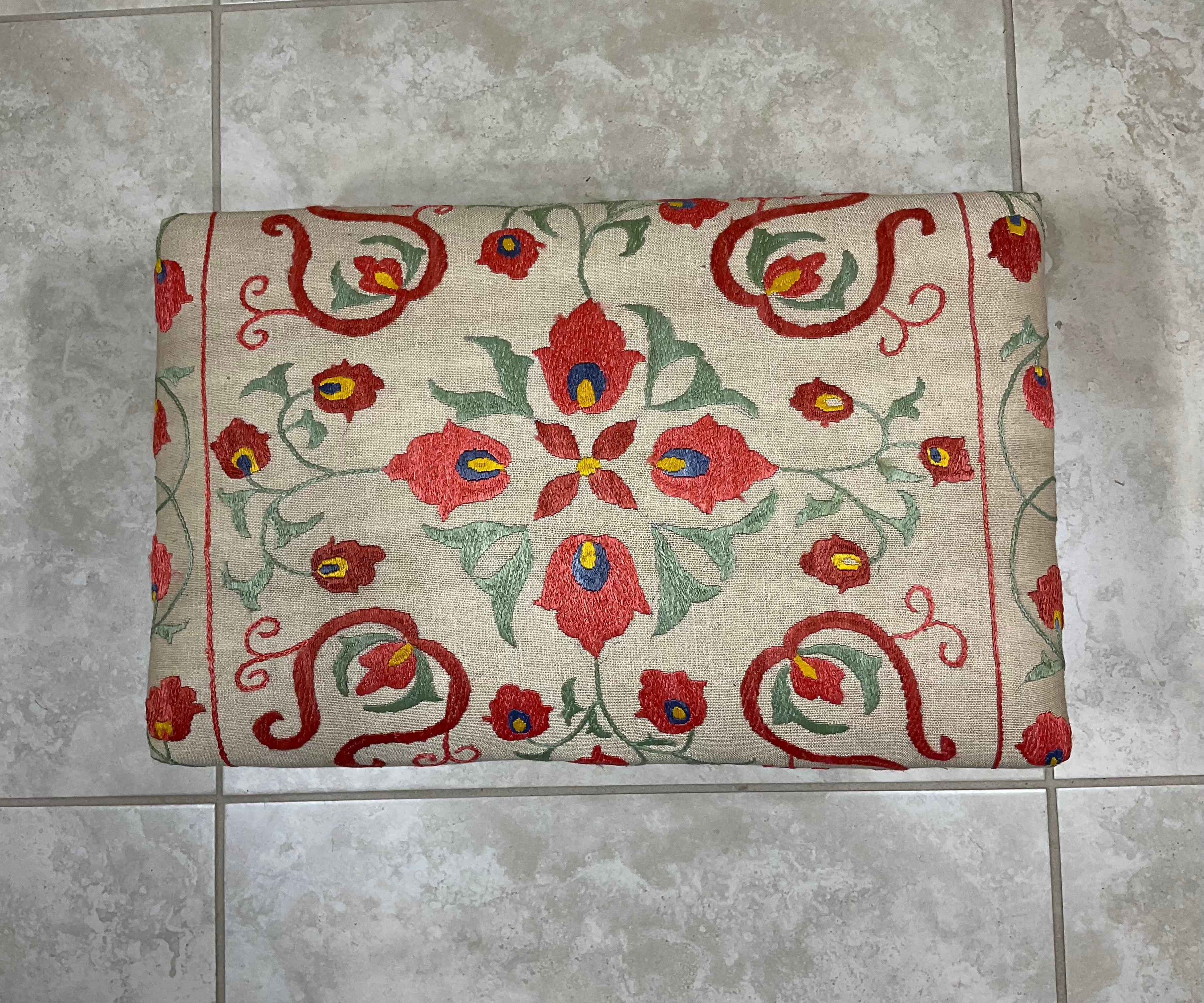 Mid-20th Century Vintage Hand Embroidery Suzani Textile Upholstered Foot Stool