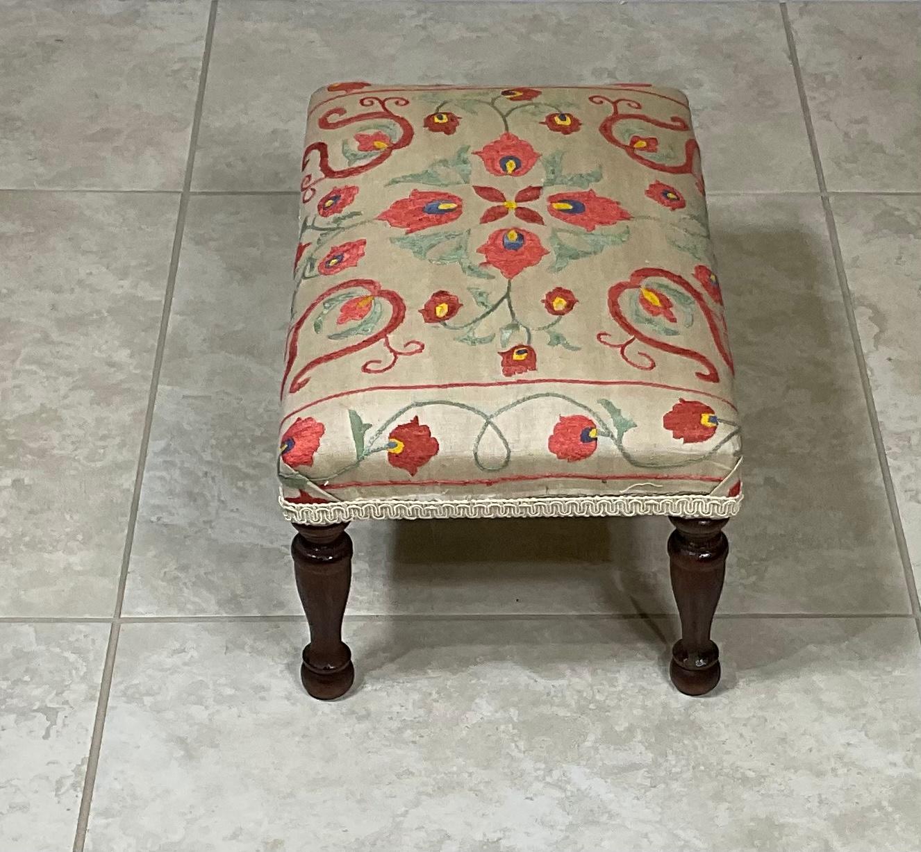 Vintage Hand Embroidery Suzani Textile Upholstered Foot Stool 1