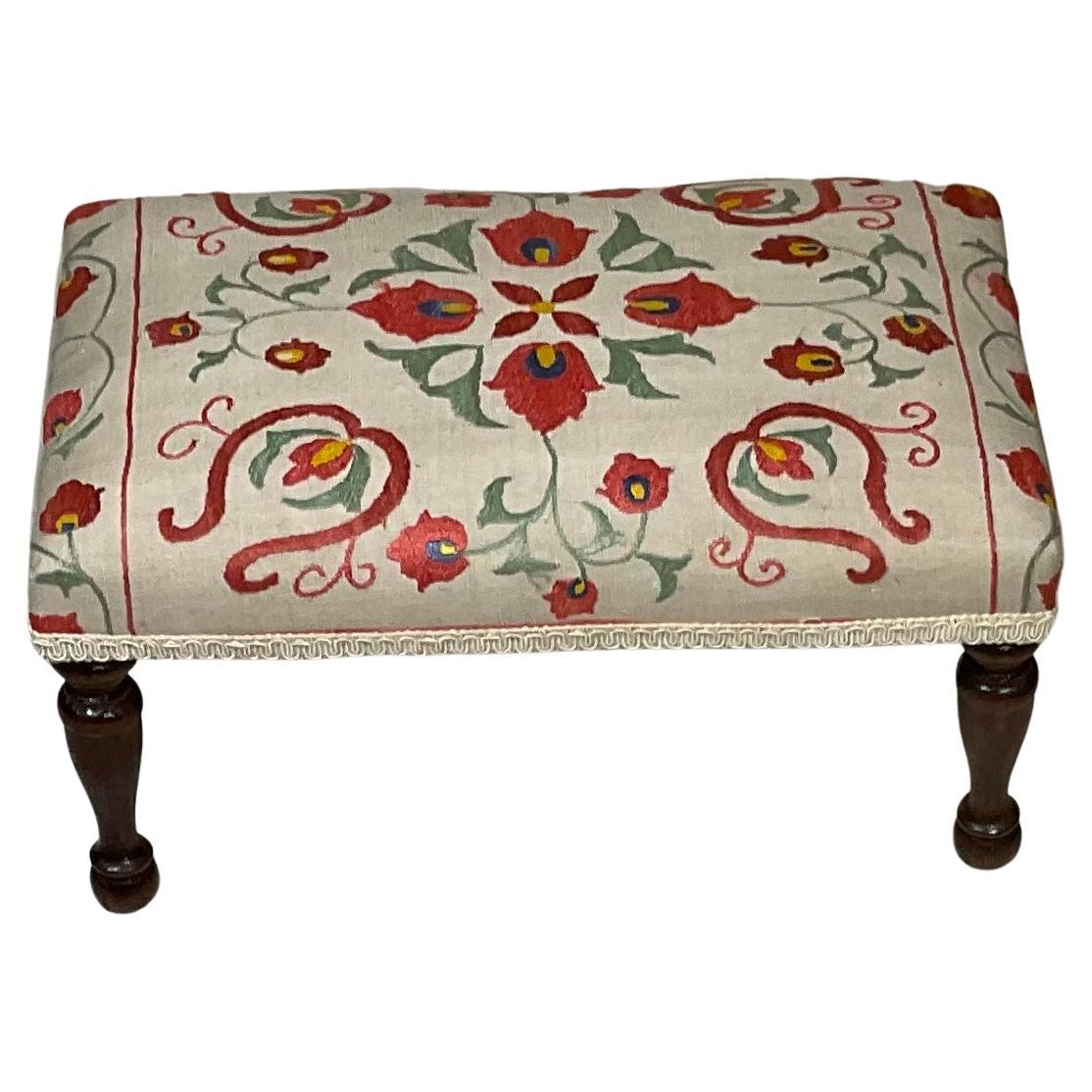 Vintage Hand Embroidery Suzani Textile Upholstered Foot Stool