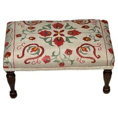 Vintage Hand Embroidery Suzani Textile Upholstered Foot Stool