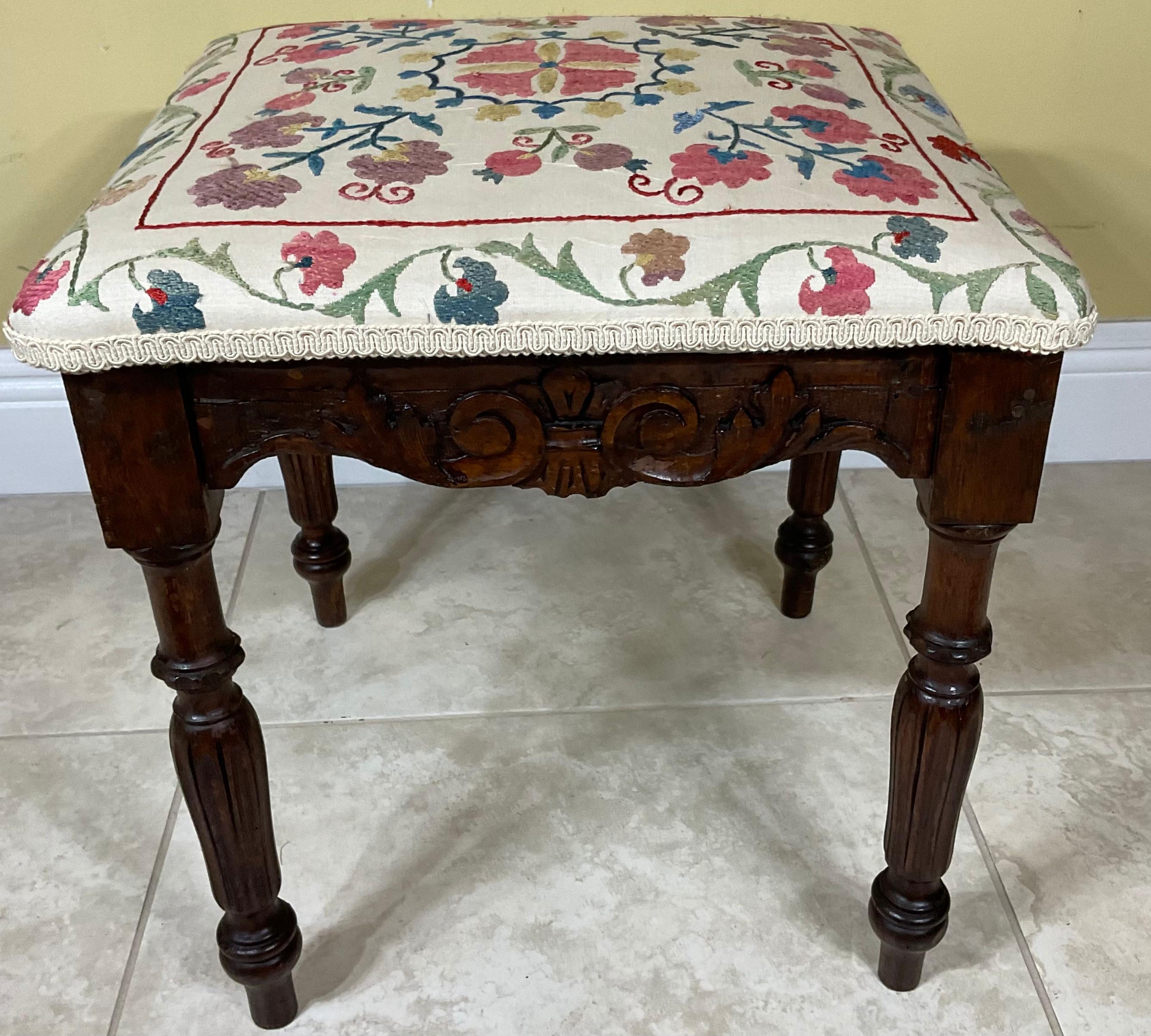 Elegant antique hand carved wood stool upholstered with beautiful vintage hand embroidery Suzani textile, great decorative stool.

 