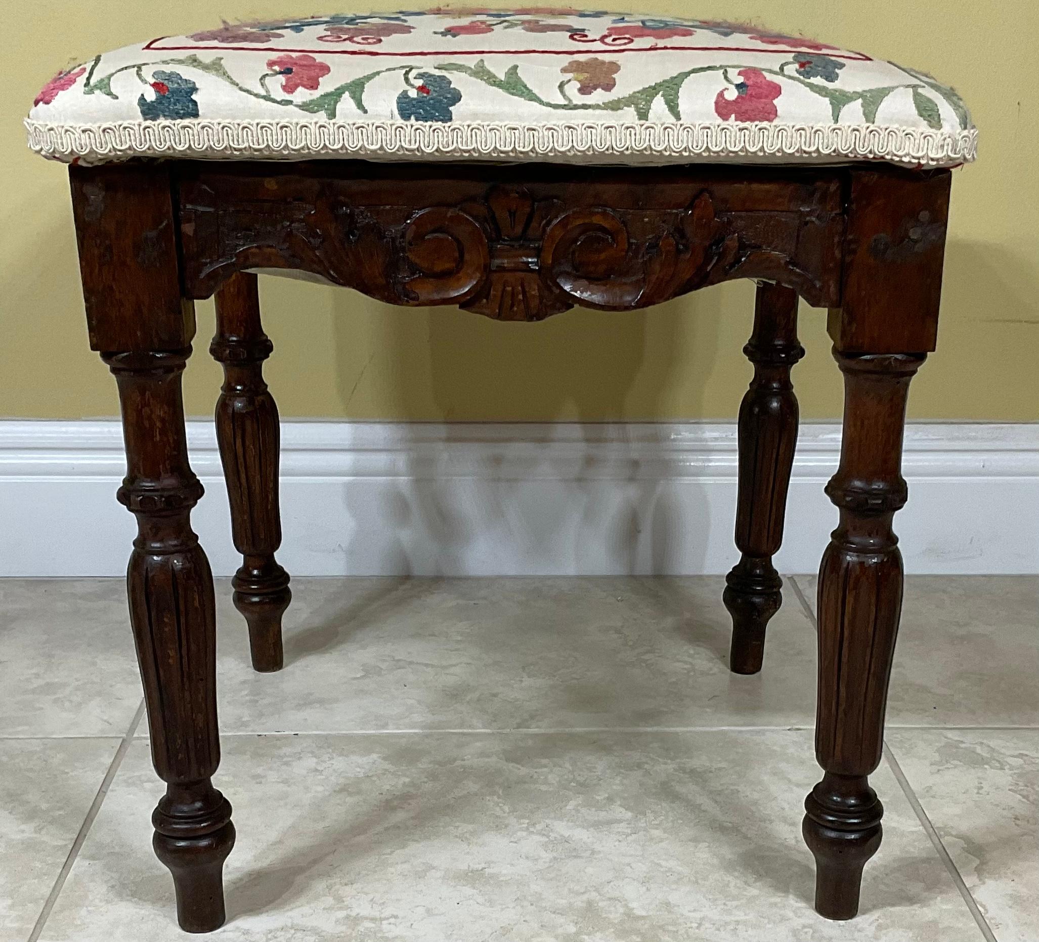American Vintage Hand Embroidery Suzani Textile Upholstered Low Stool