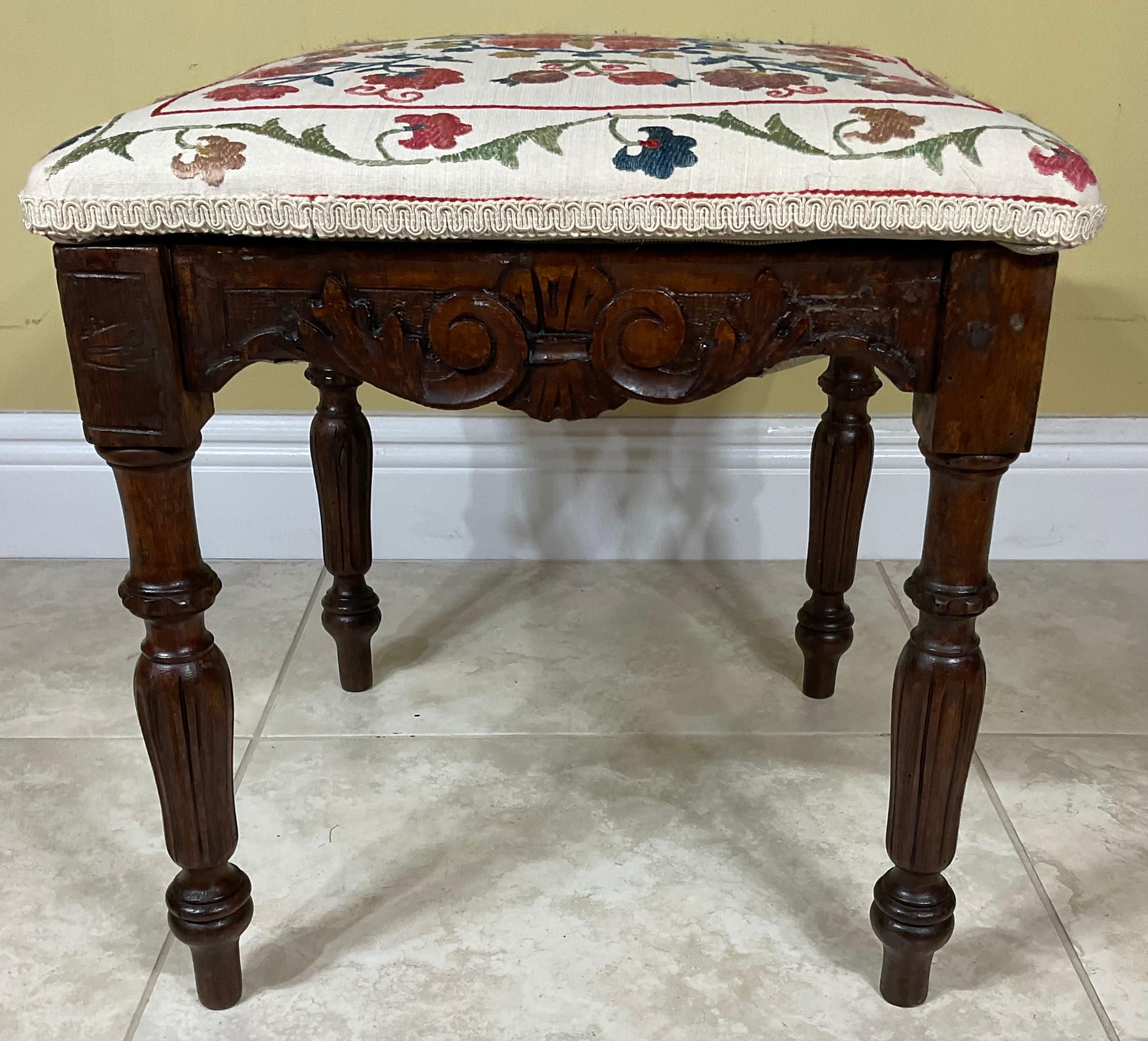 Vintage Hand Embroidery Suzani Textile Upholstered Low Stool In Good Condition In Delray Beach, FL