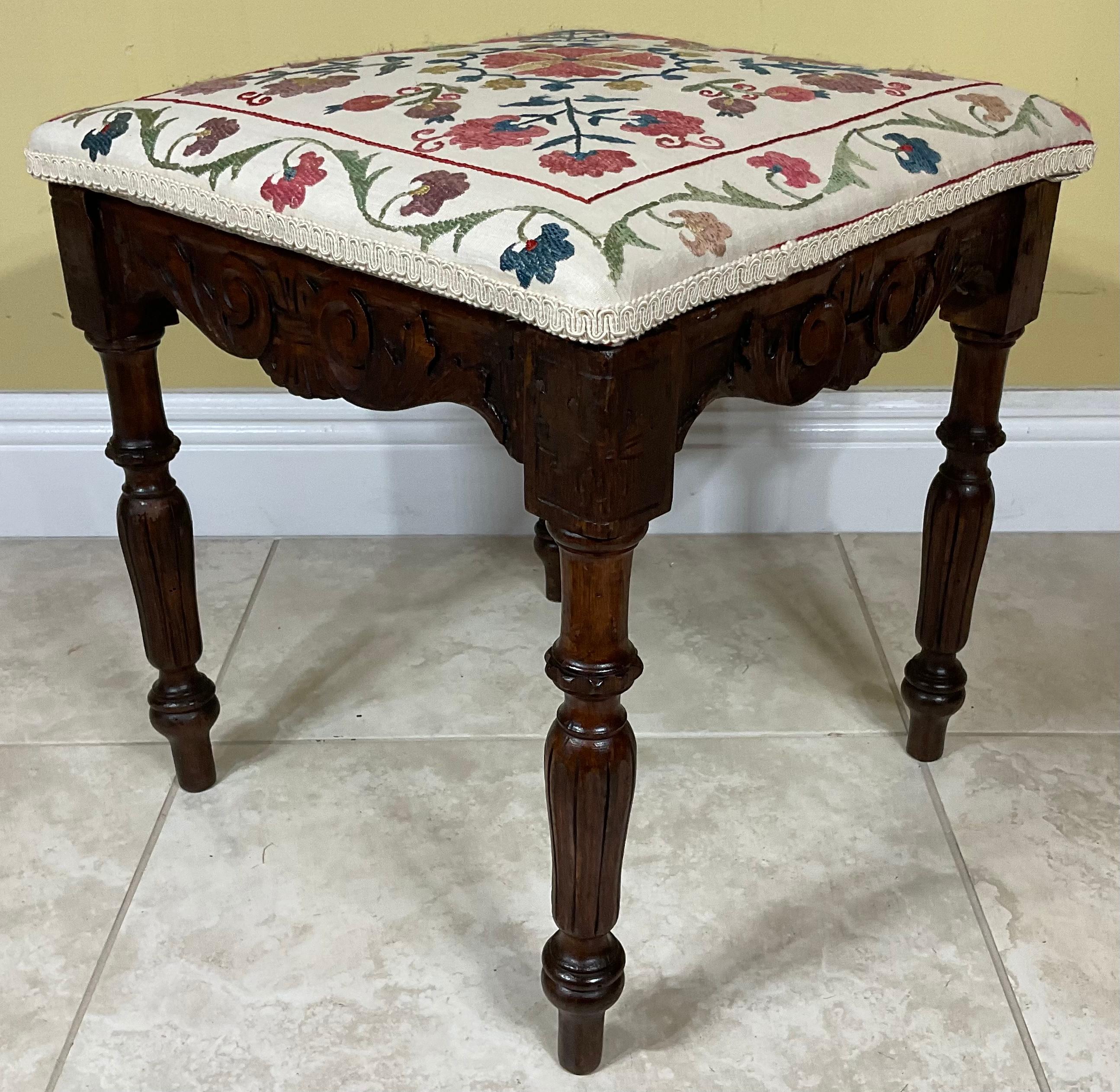 Early 20th Century Vintage Hand Embroidery Suzani Textile Upholstered Low Stool