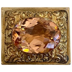 Vintage Hand Engraved 14 Karat Yellow Gold Peach Colored Glass Brooch Pin