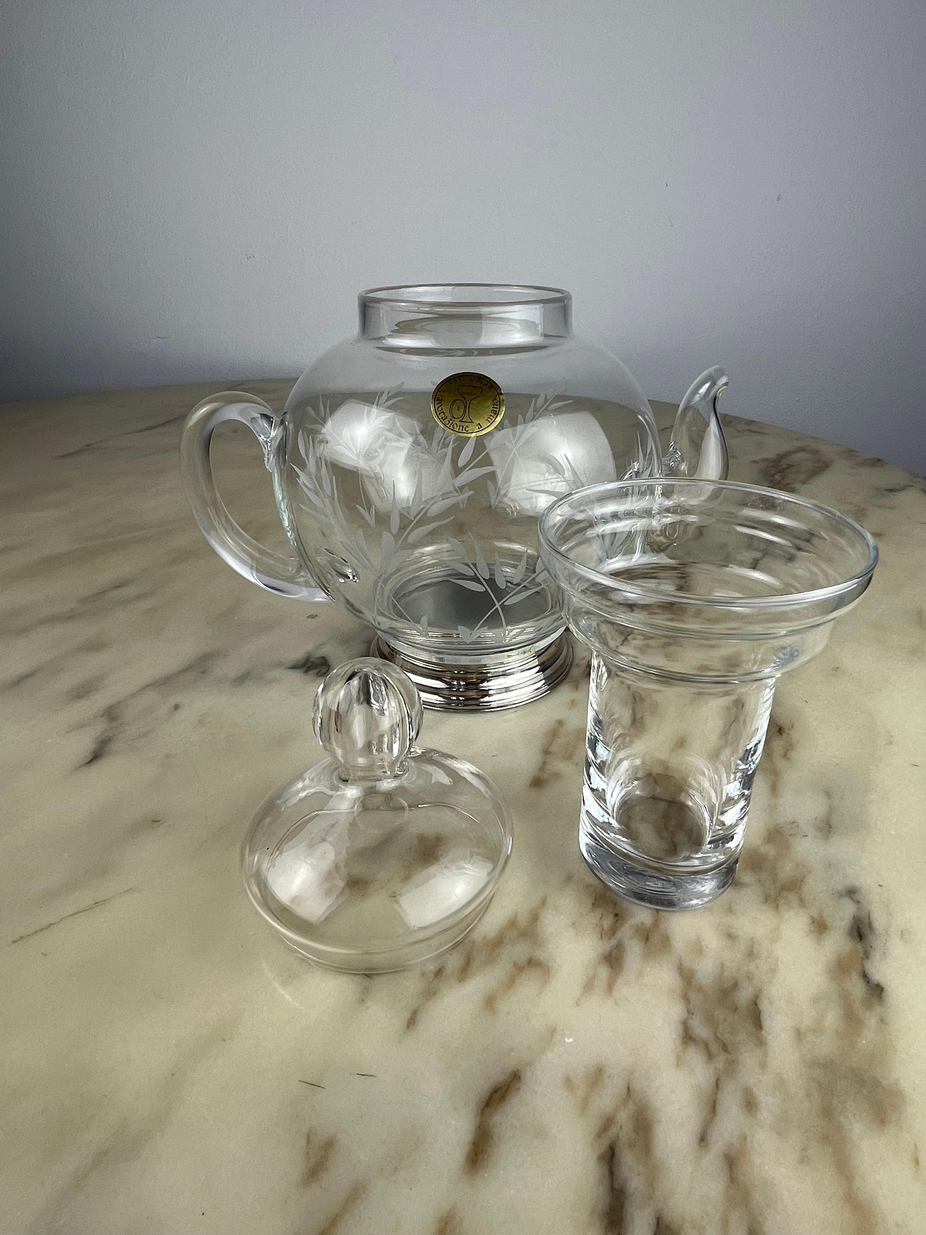 Italian Vintage Hand-Engraved Crystal Carafe, with Ice Bucket and 800 Silver Base, 1980s For Sale