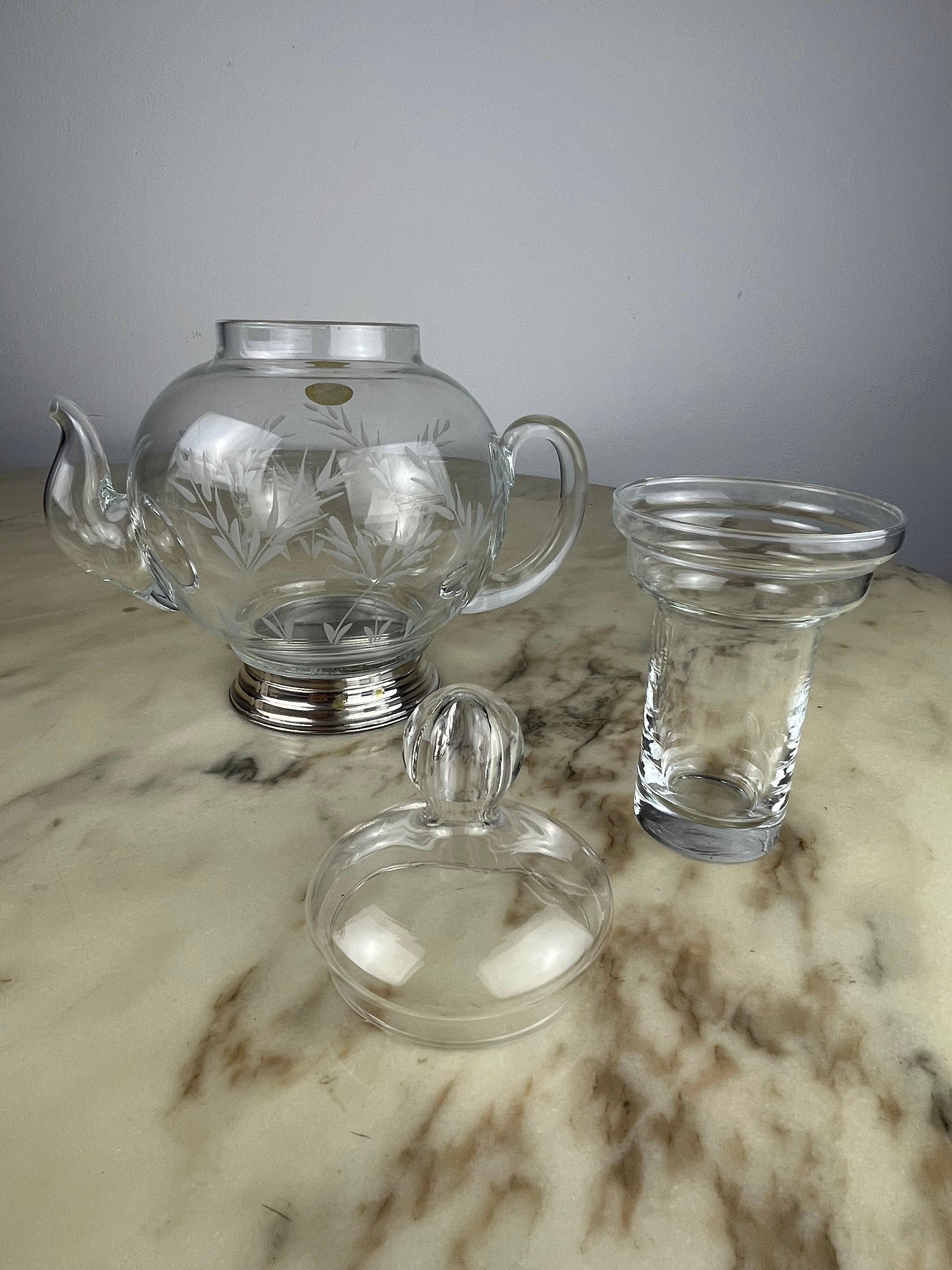 Other Vintage Hand-Engraved Crystal Carafe, with Ice Bucket and 800 Silver Base, 1980s For Sale