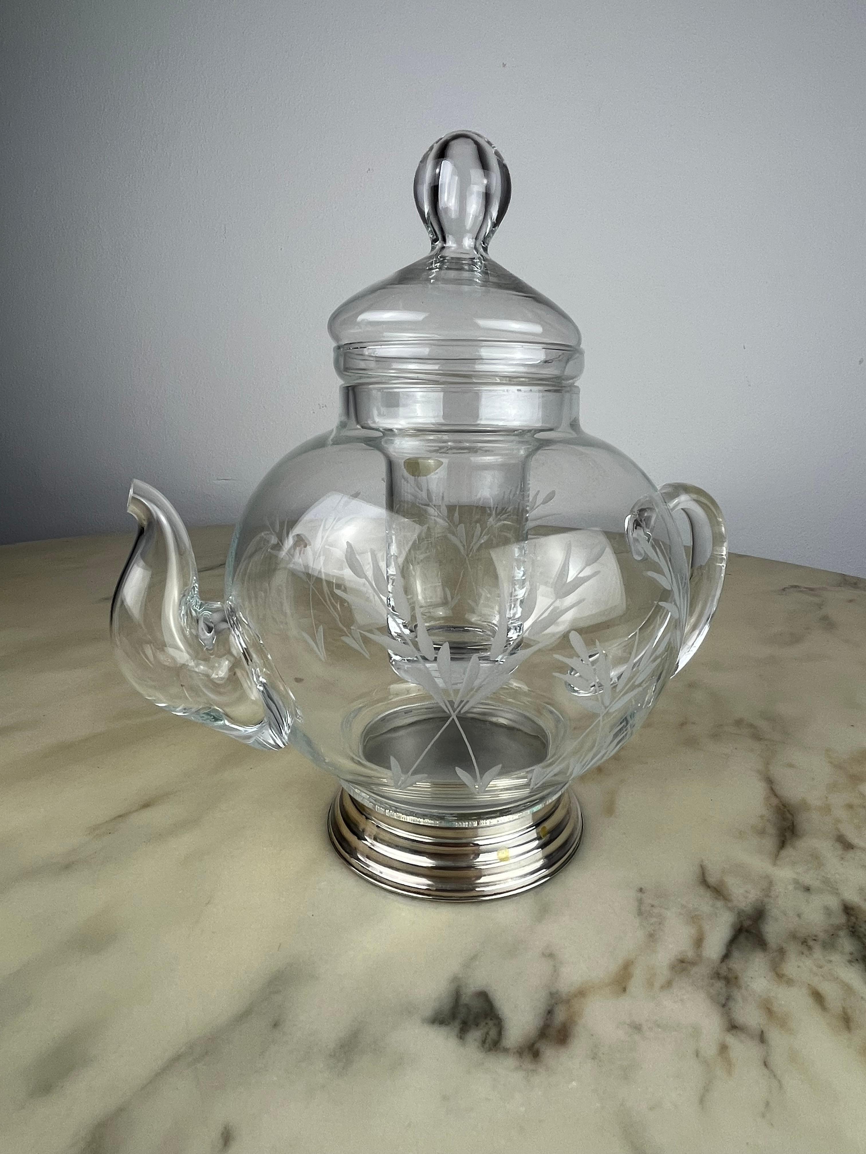 Vintage Hand-Engraved Crystal Carafe, with Ice Bucket and 800 Silver Base, 1980s For Sale 1