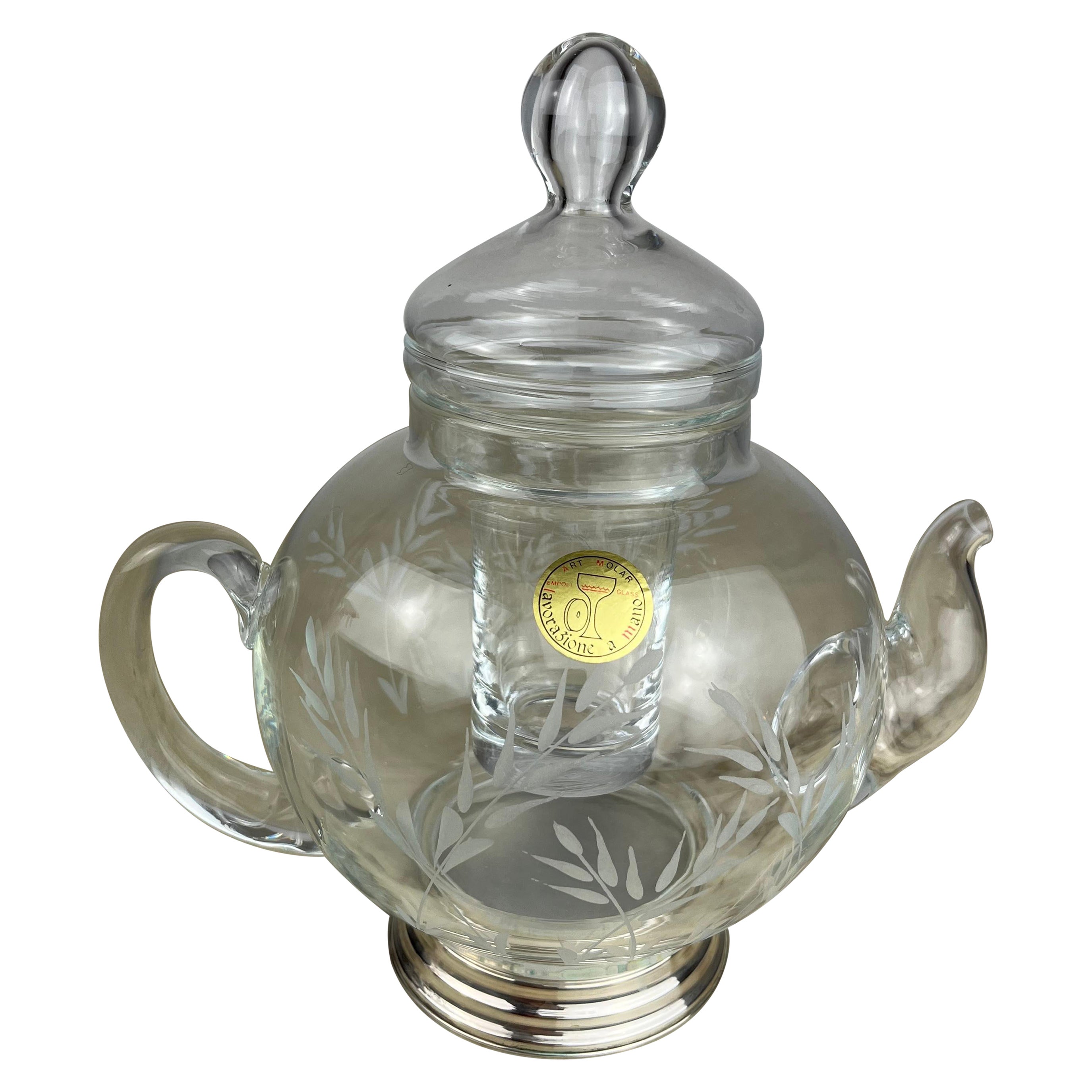 Vintage Hand-Engraved Crystal Carafe, with Ice Bucket and 800 Silver Base, 1980s For Sale