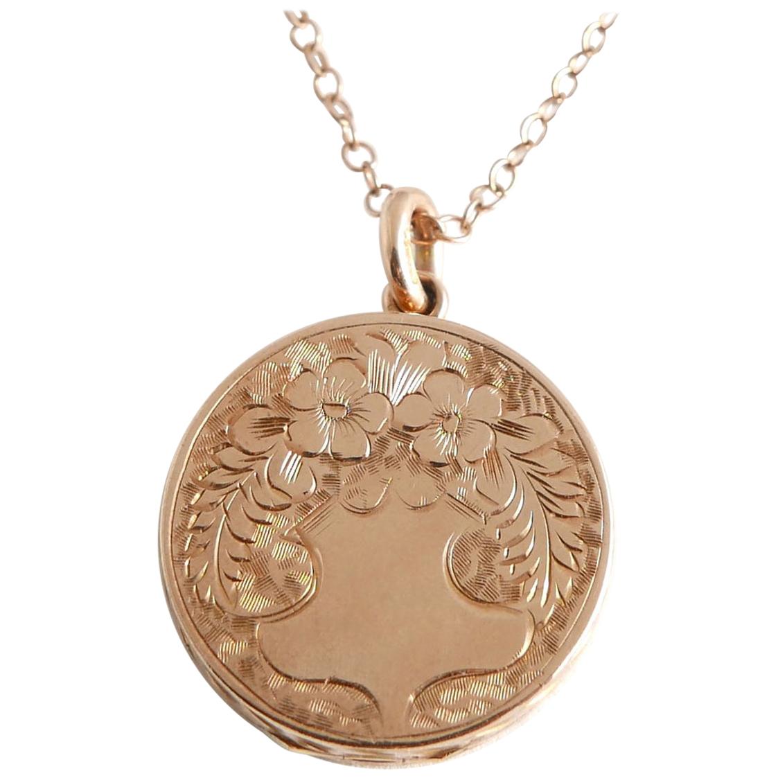 Vintage HandEngraved Rose Gold Locket Necklace at 1stDibs