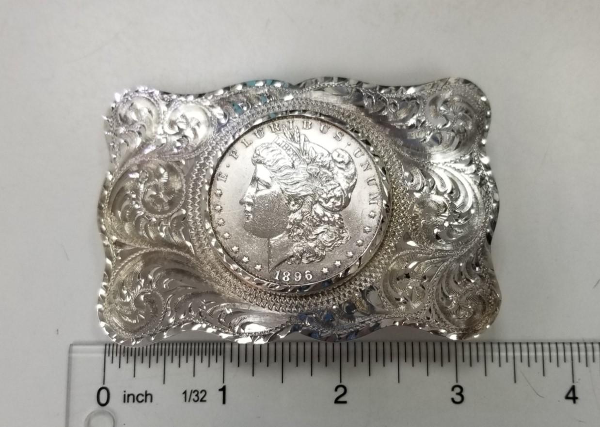 Vintage Hand Engraved Sterling Silver Belt Buckle w/ 