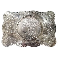 Vintage Hand Engraved Sterling Silver Belt Buckle w/ "1896" 1 Dollar Coin by WH