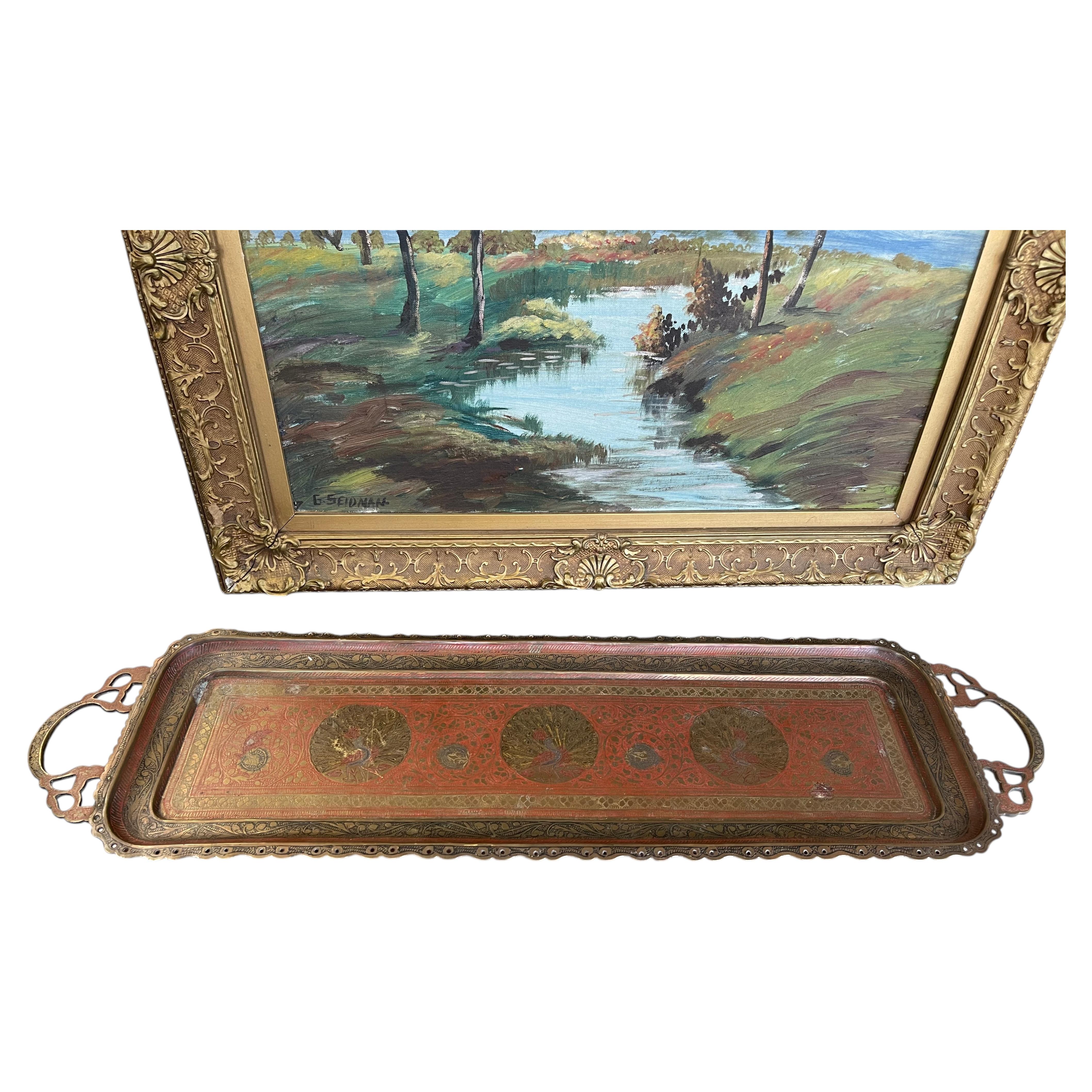Vintage Hand-Etched Peacock Serving Tray - Made in India