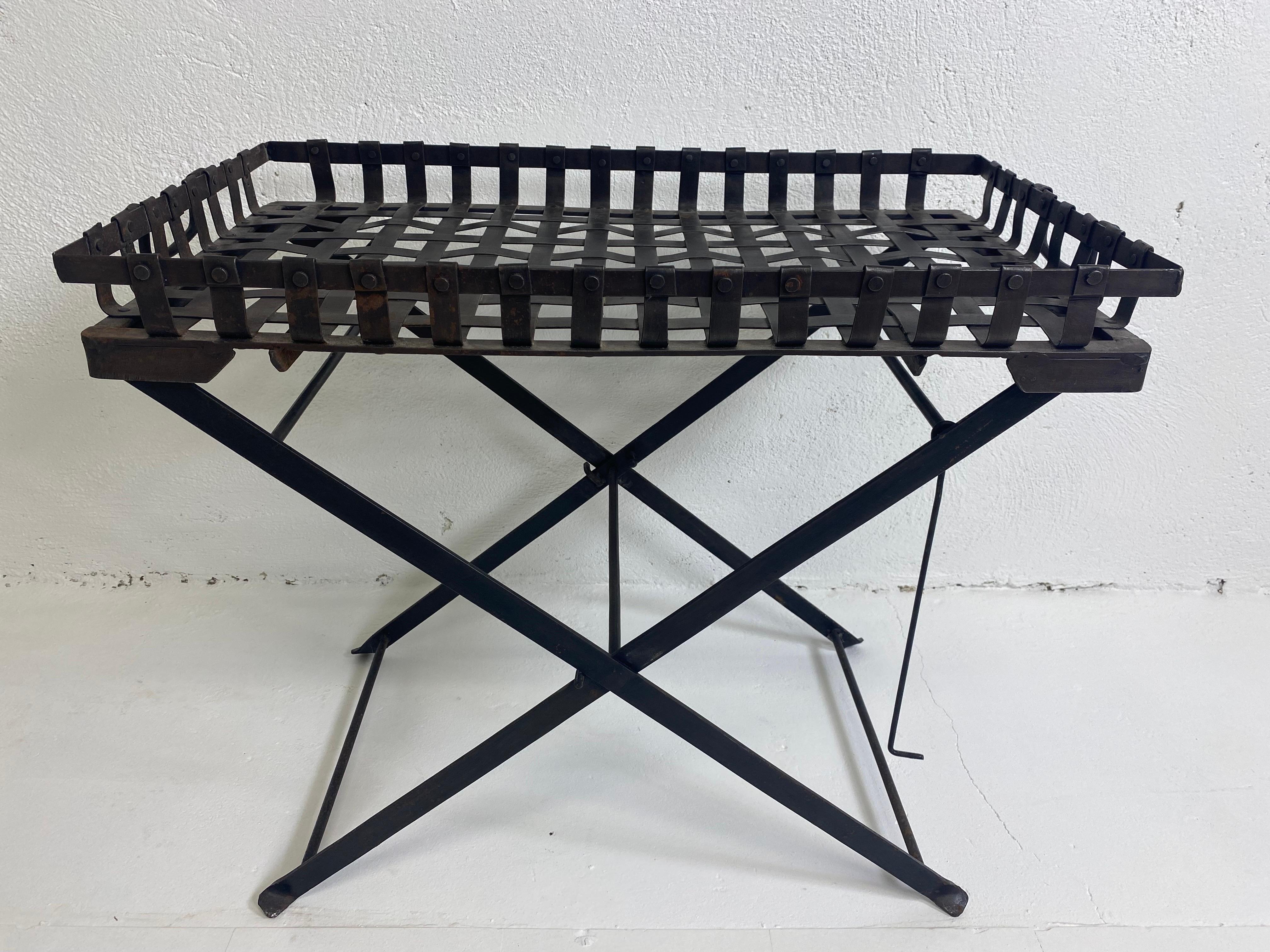 Vintage Hand Forge Wrought Iron Campaign Style Tray on Stand 6