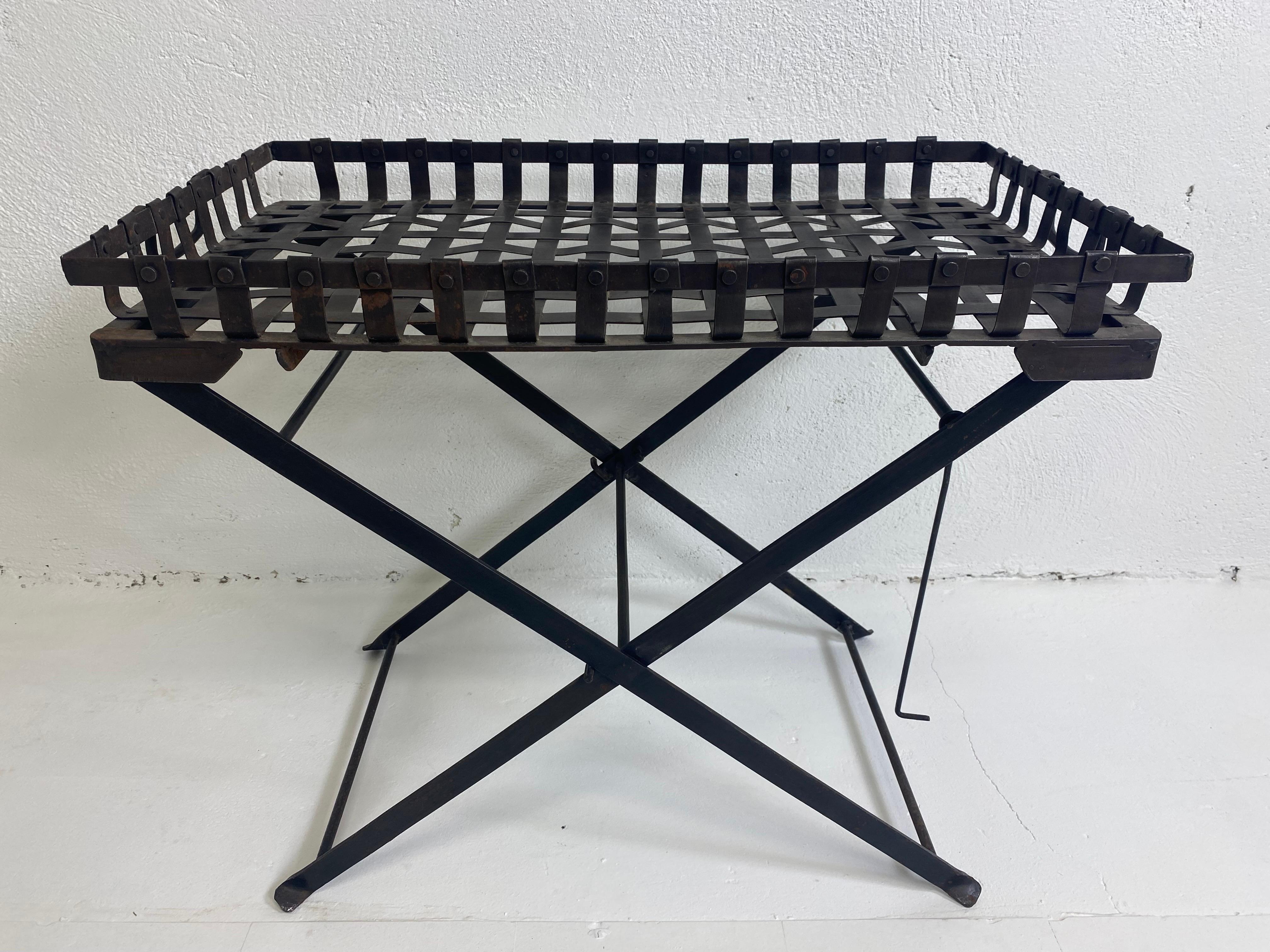 Late 20th Century Vintage Hand Forge Wrought Iron Campaign Style Tray on Stand