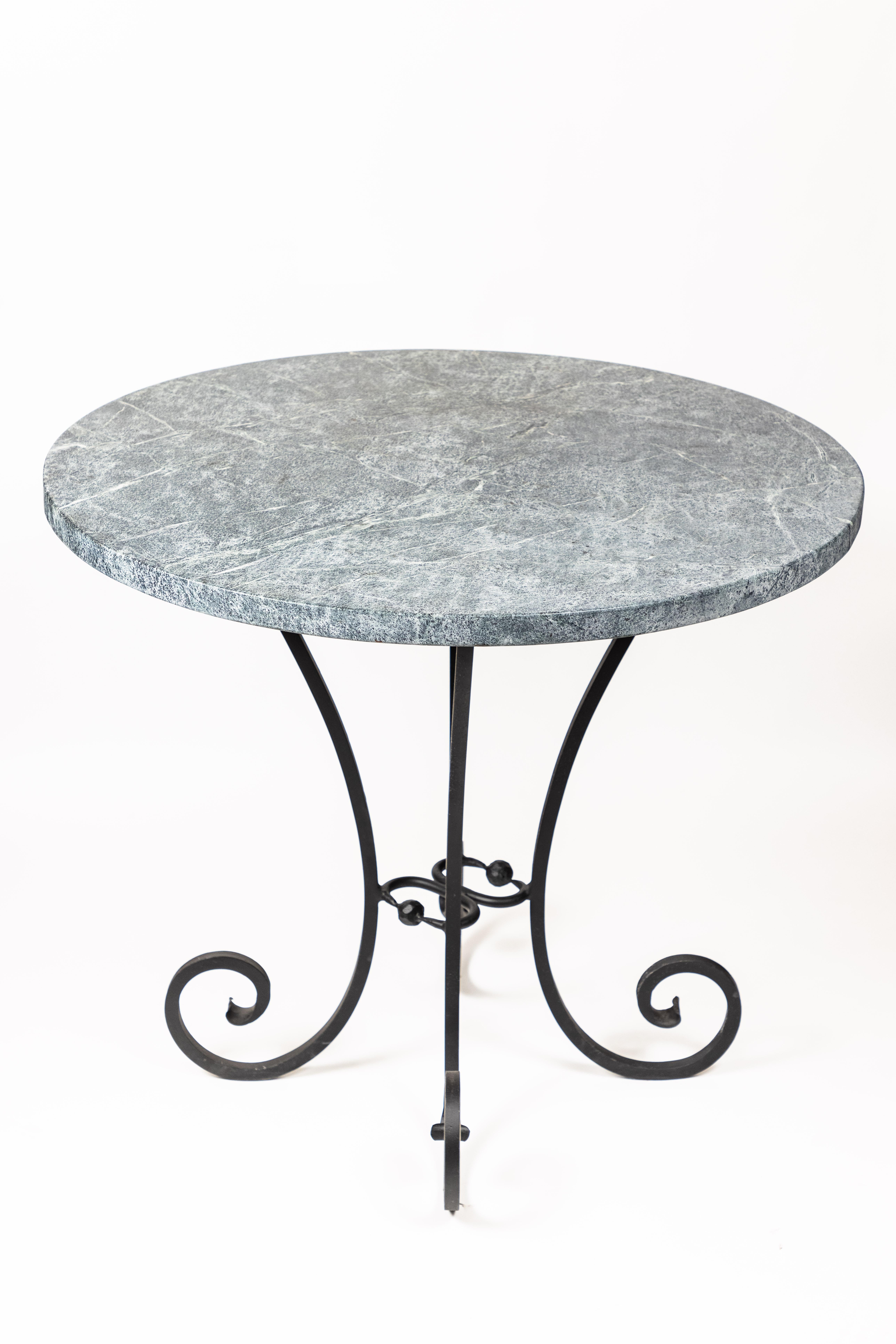 Painted Vintage Hand Forged Iron Base Table with Round Soapstone Top