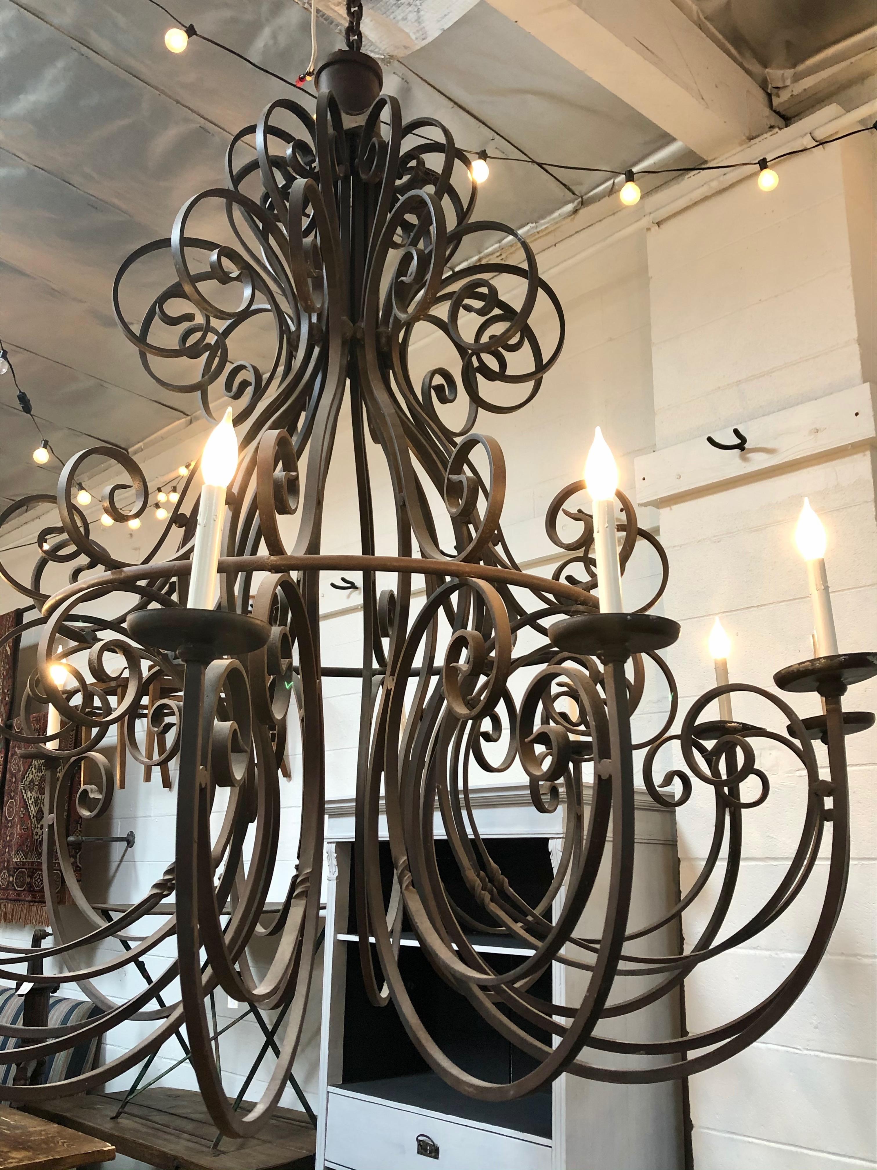 Mid-Century Modern Vintage Hand Forged Iron Chandelier Oversized