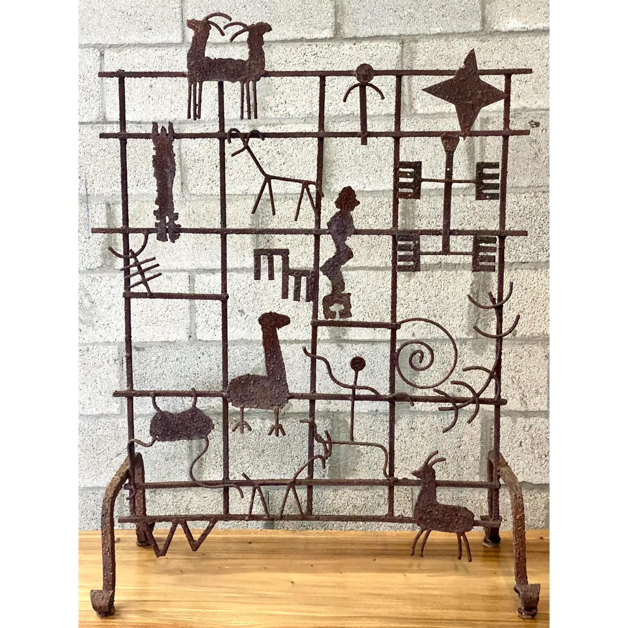Vintage Hand Forged Iron Fireplace Screen In Good Condition For Sale In west palm beach, FL