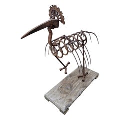 Vintage Hand Forged Peacock Garden Folk Art Statue On Wood Base