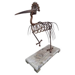 Vintage Hand Forged Peacock Garden Folk Art Statue On Wood Base
