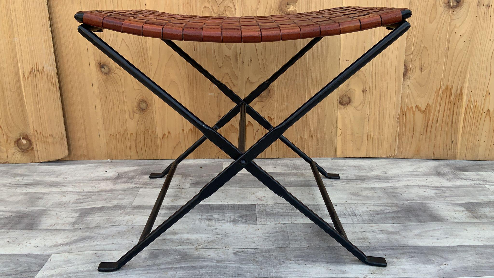 Vintage Hand Forged Wrought Iron and Woven Leather Folding Stool, Pair  For Sale 3