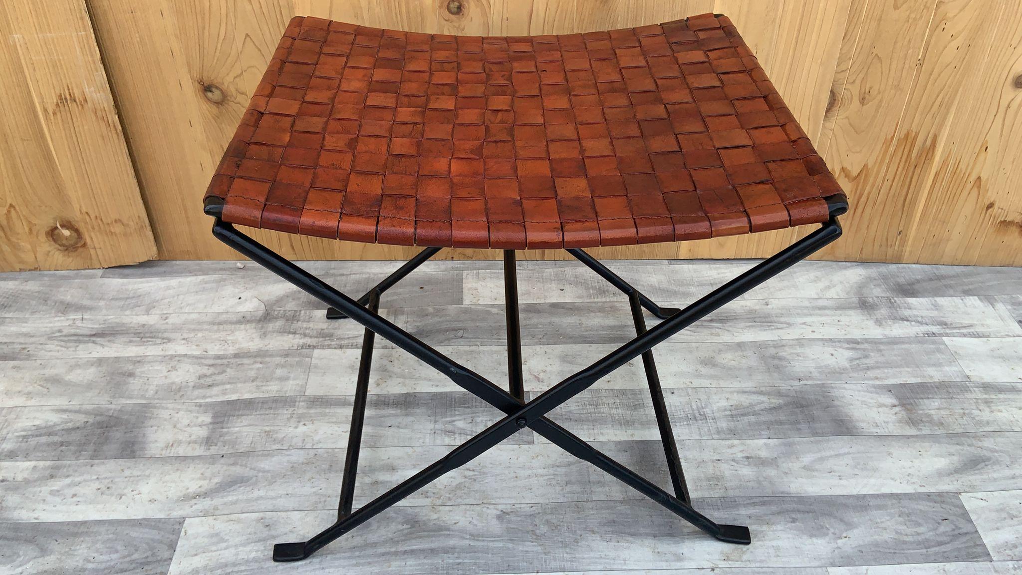 Vintage Hand Forged Wrought Iron and Woven Leather Folding Stool, Pair  For Sale 4