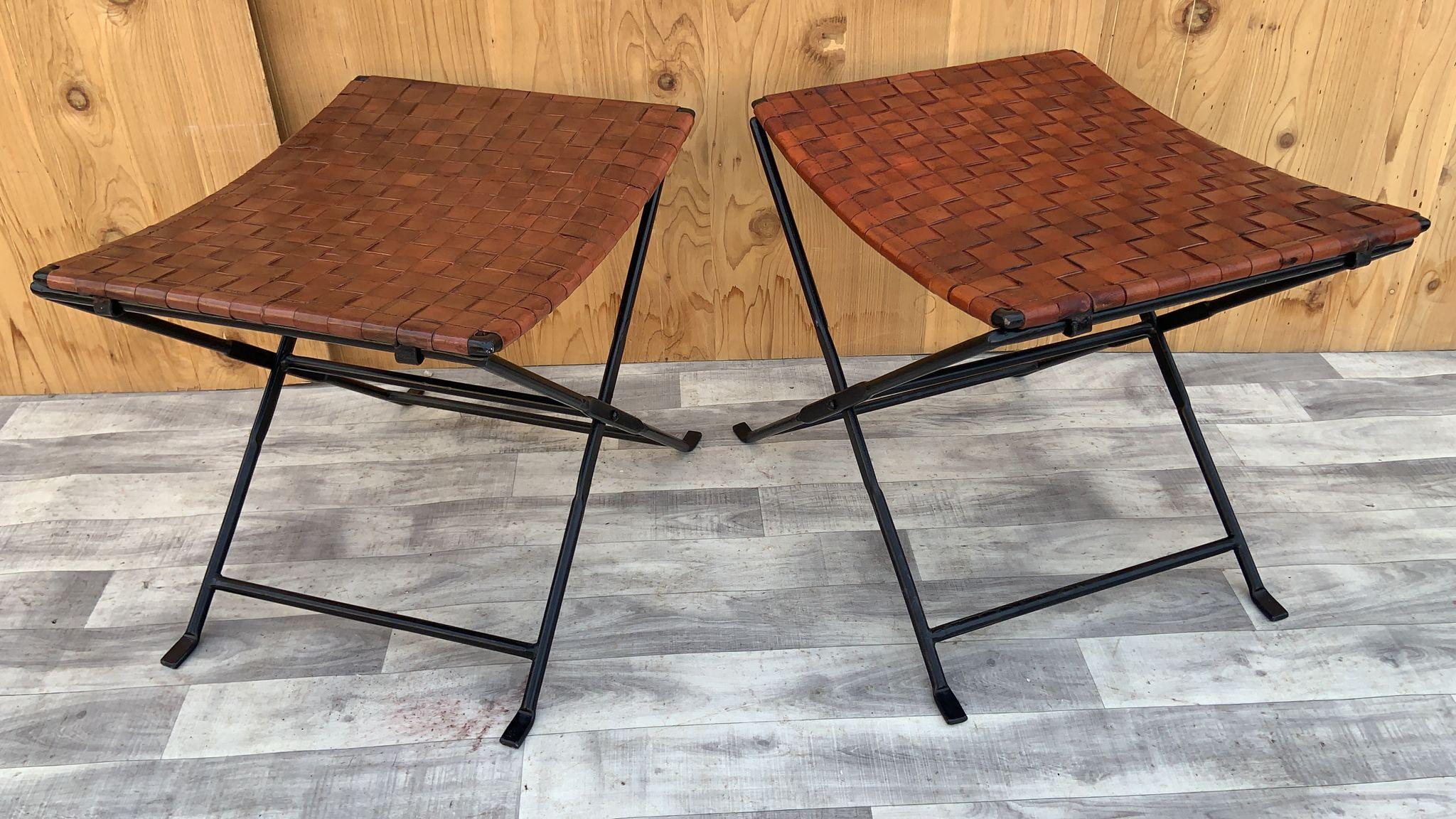 Hand-Crafted Vintage Hand Forged Wrought Iron and Woven Leather Folding Stool, Pair  For Sale