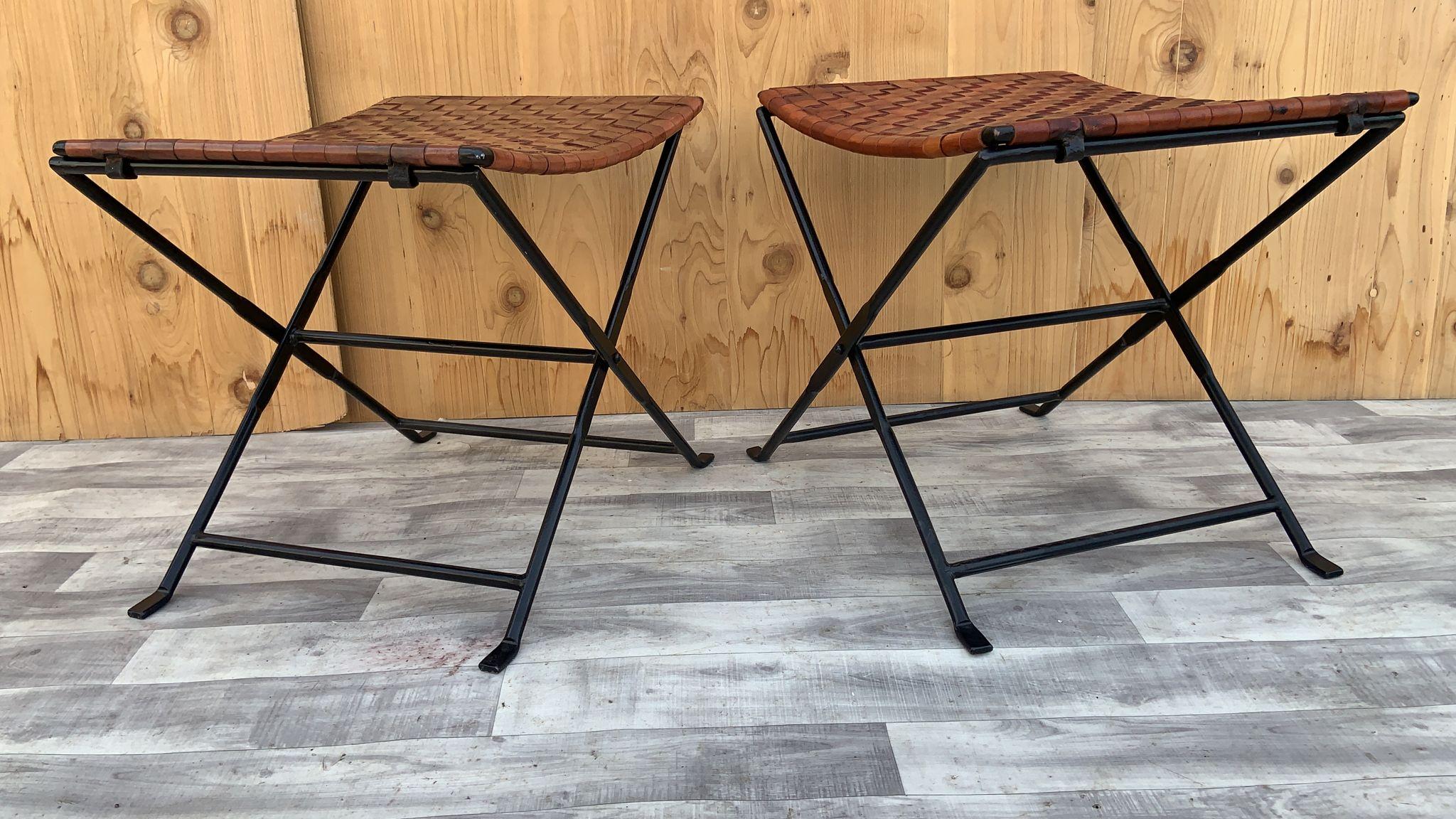 Vintage Hand Forged Wrought Iron and Woven Leather Folding Stool, Pair  In Good Condition For Sale In Chicago, IL