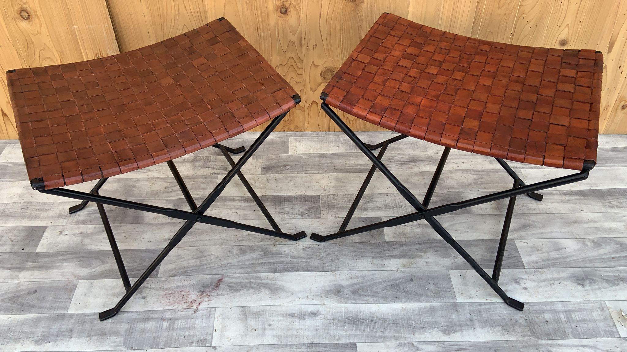 Late 20th Century Vintage Hand Forged Wrought Iron and Woven Leather Folding Stool, Pair  For Sale