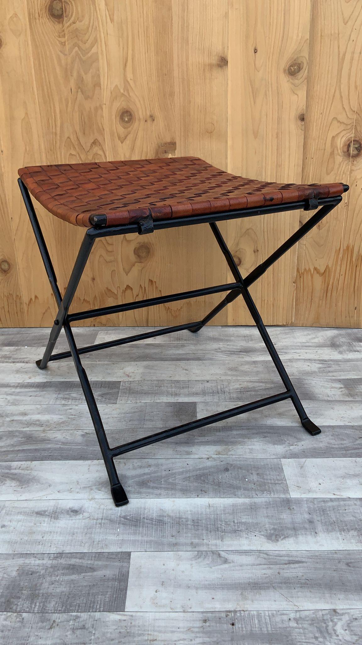 Vintage Hand Forged Wrought Iron and Woven Leather Folding Stool, Pair  For Sale 2