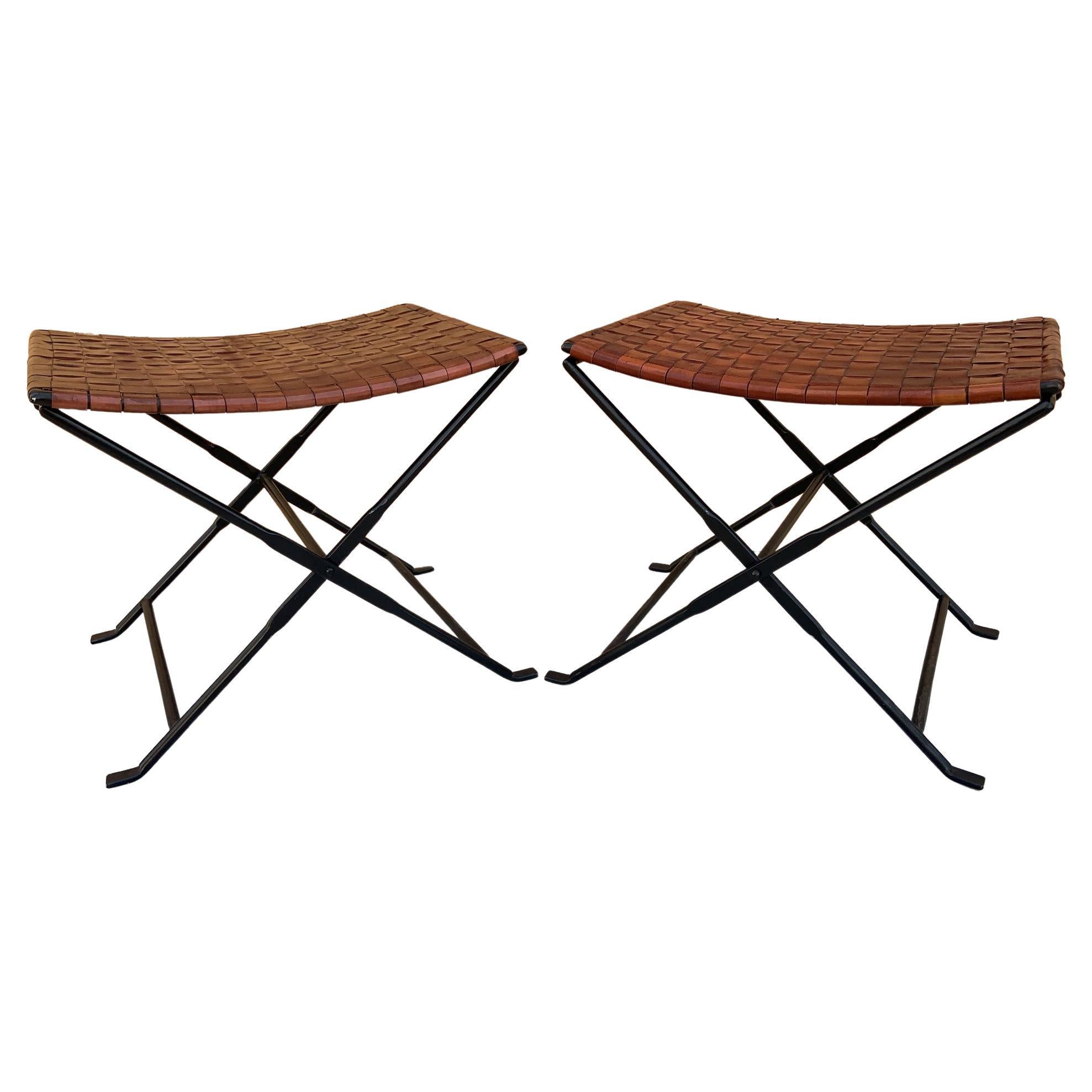 Vintage Hand Forged Wrought Iron and Woven Leather Folding Stool, Pair  For Sale