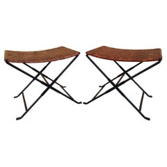 Retro Hand Forged Wrought Iron and Woven Leather Folding Stool, Pair 