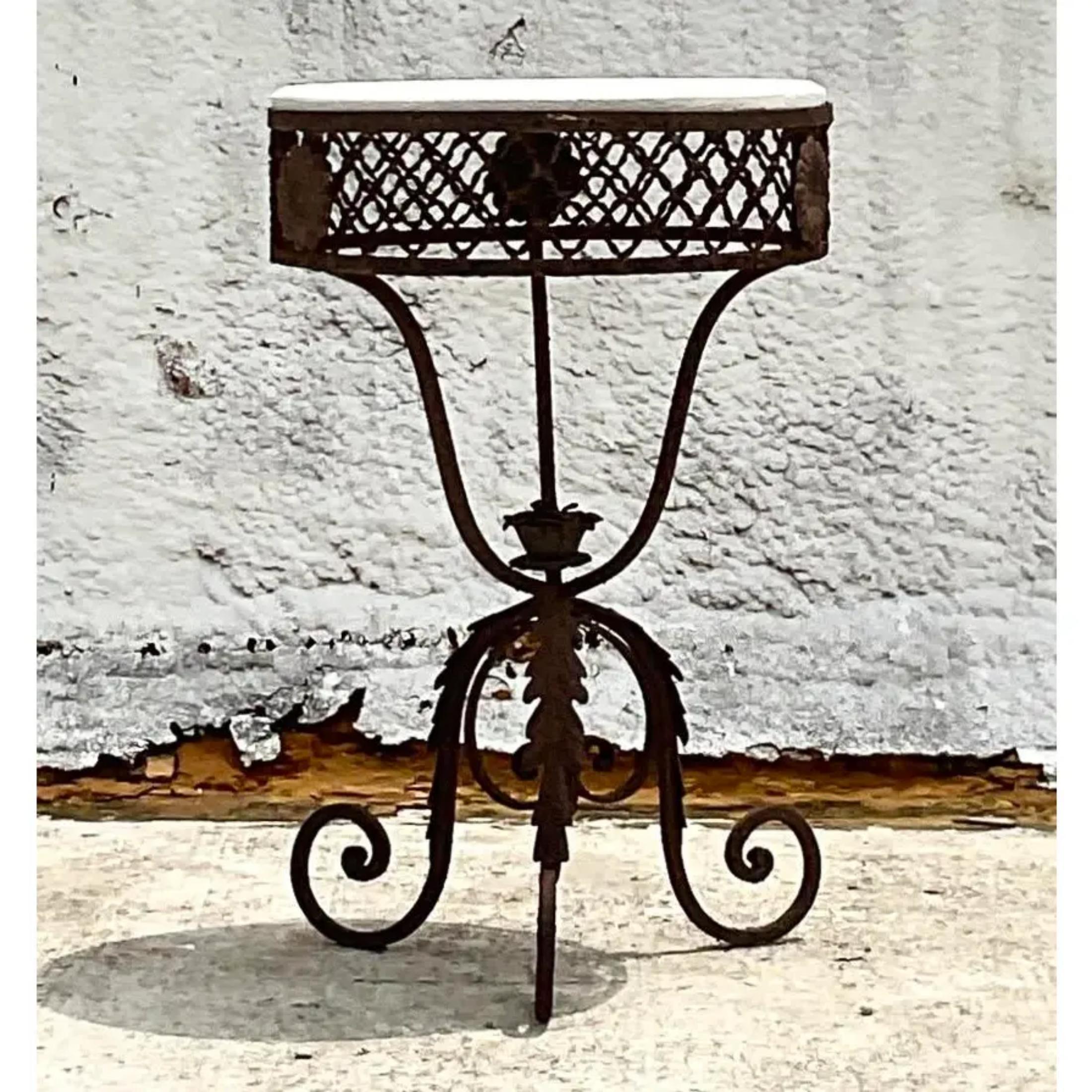Bohemian Vintage Hand Forged Wrought Iron Round End Side Table For Sale