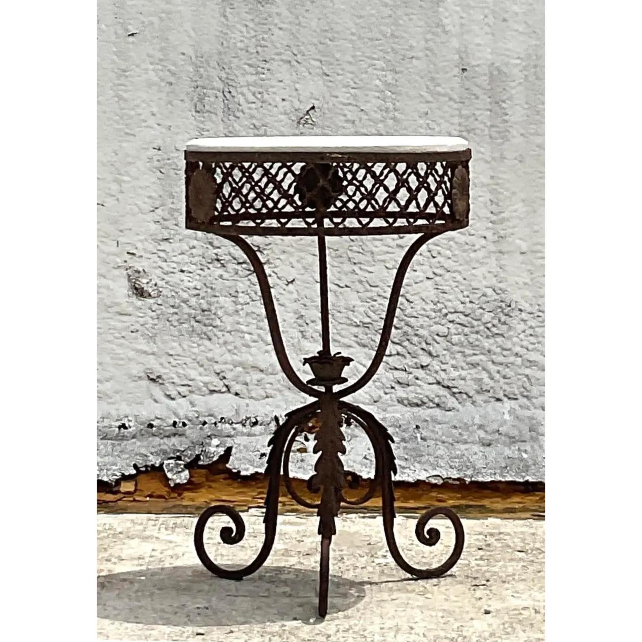 Vintage Hand Forged Wrought Iron Round End Side Table In Good Condition For Sale In west palm beach, FL
