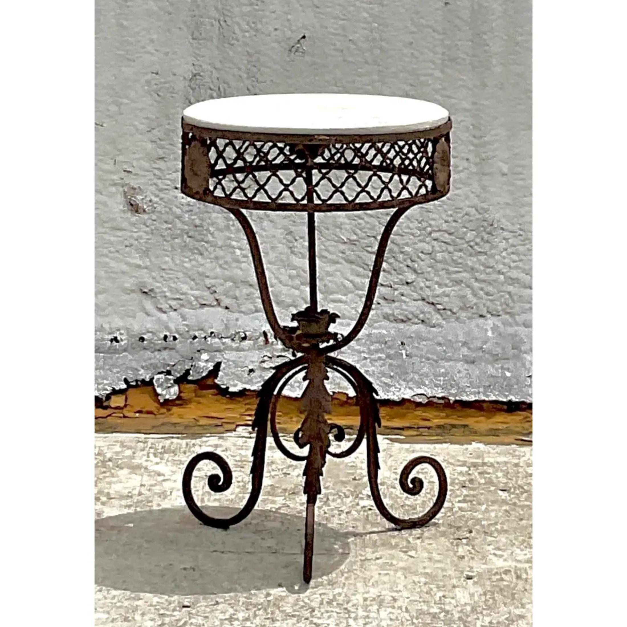 Contemporary Vintage Hand Forged Wrought Iron Round End Side Table For Sale