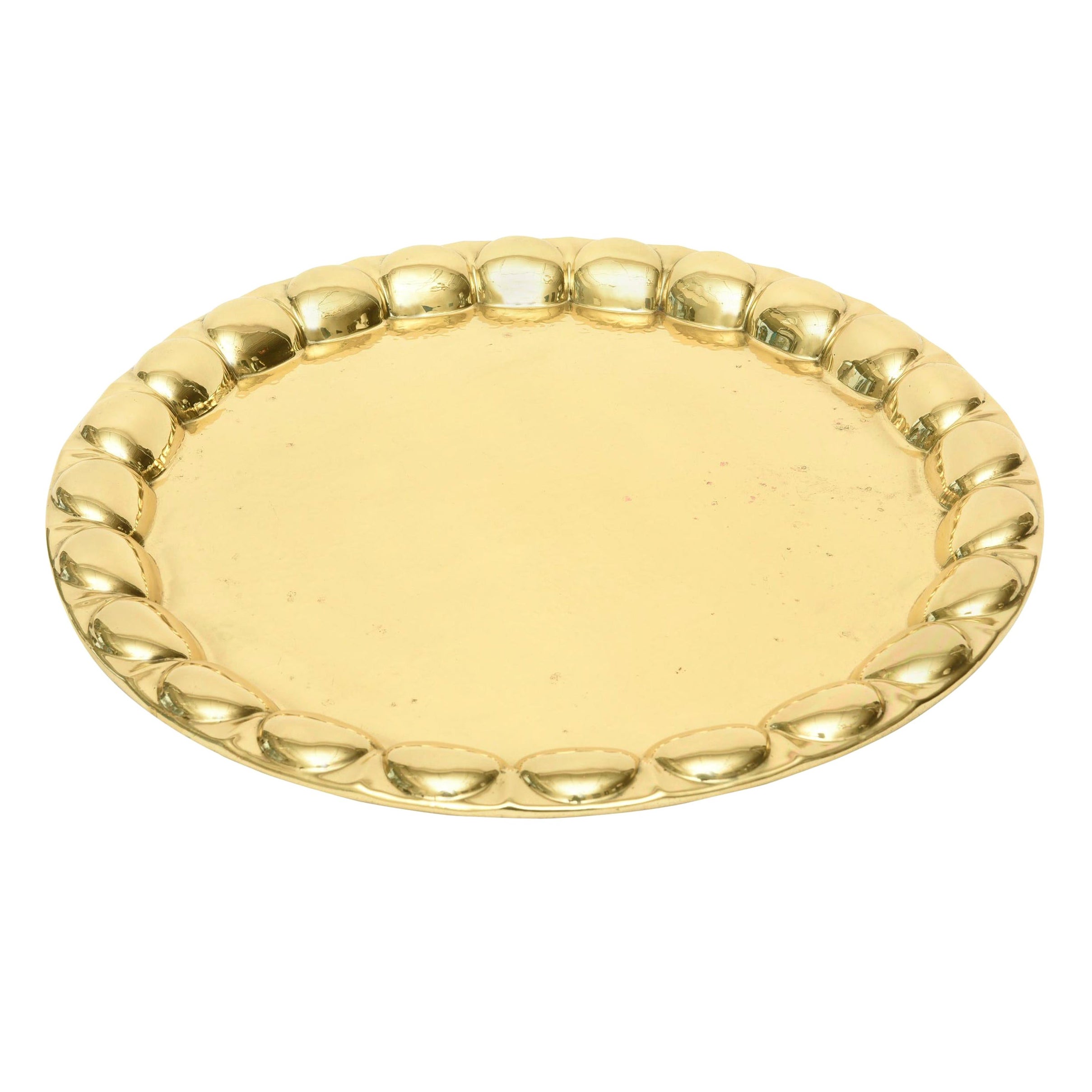 Vintage Hand-Hammered Large Brass Round Serving Tray Barware