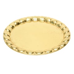 Vintage Hand-Hammered Large Brass Round Serving Tray Barware