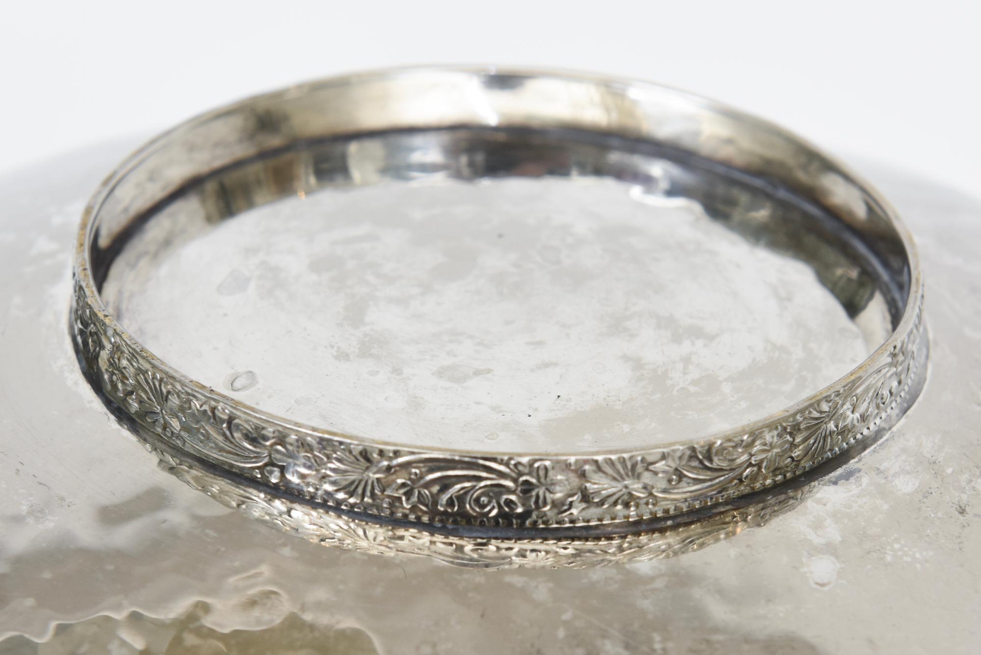 Vintage Hand Hammered Silver-Plate Large Bowl With Four Glass Stones 5