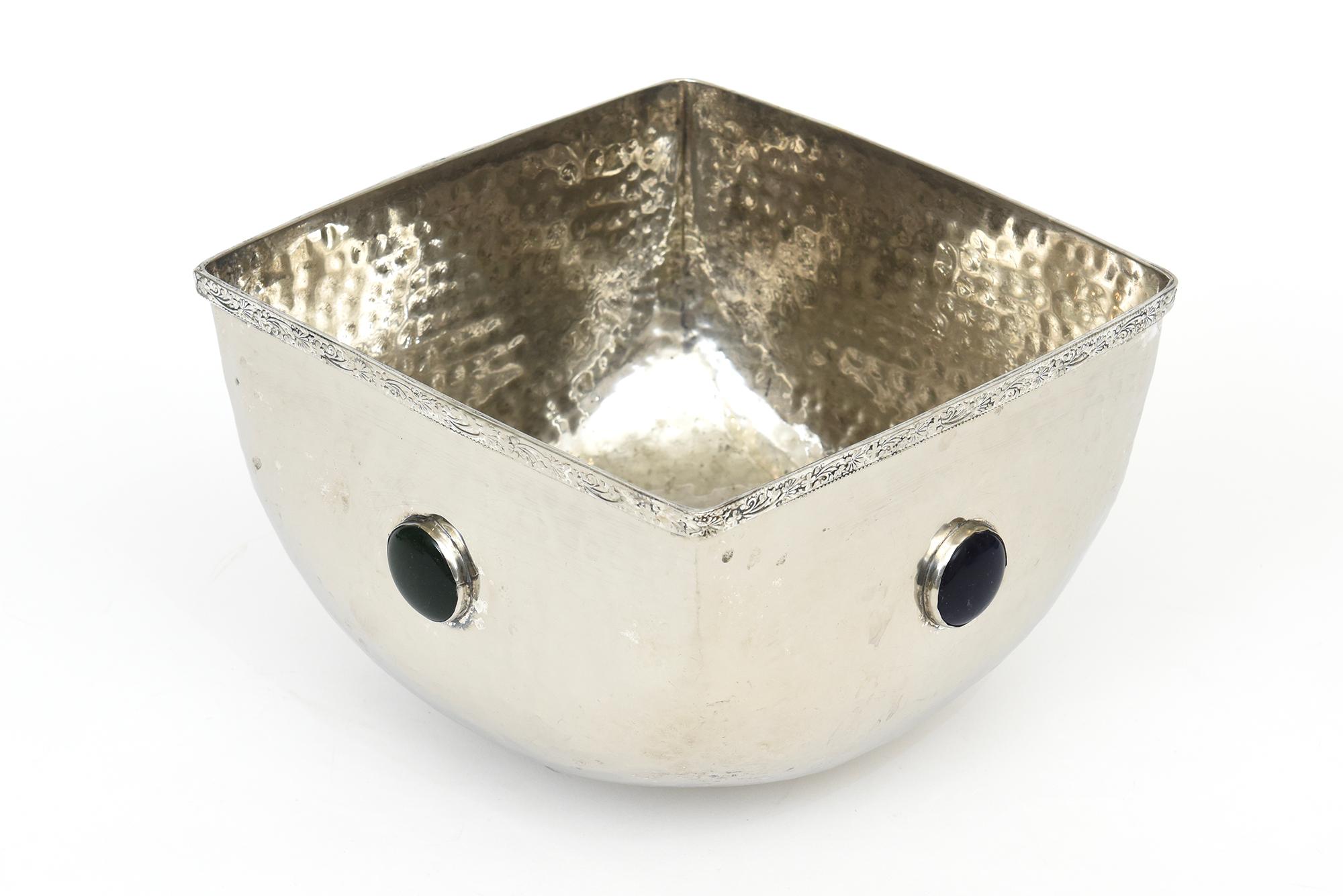 Modern Vintage Hand Hammered Silver-Plate Large Bowl With Four Glass Stones