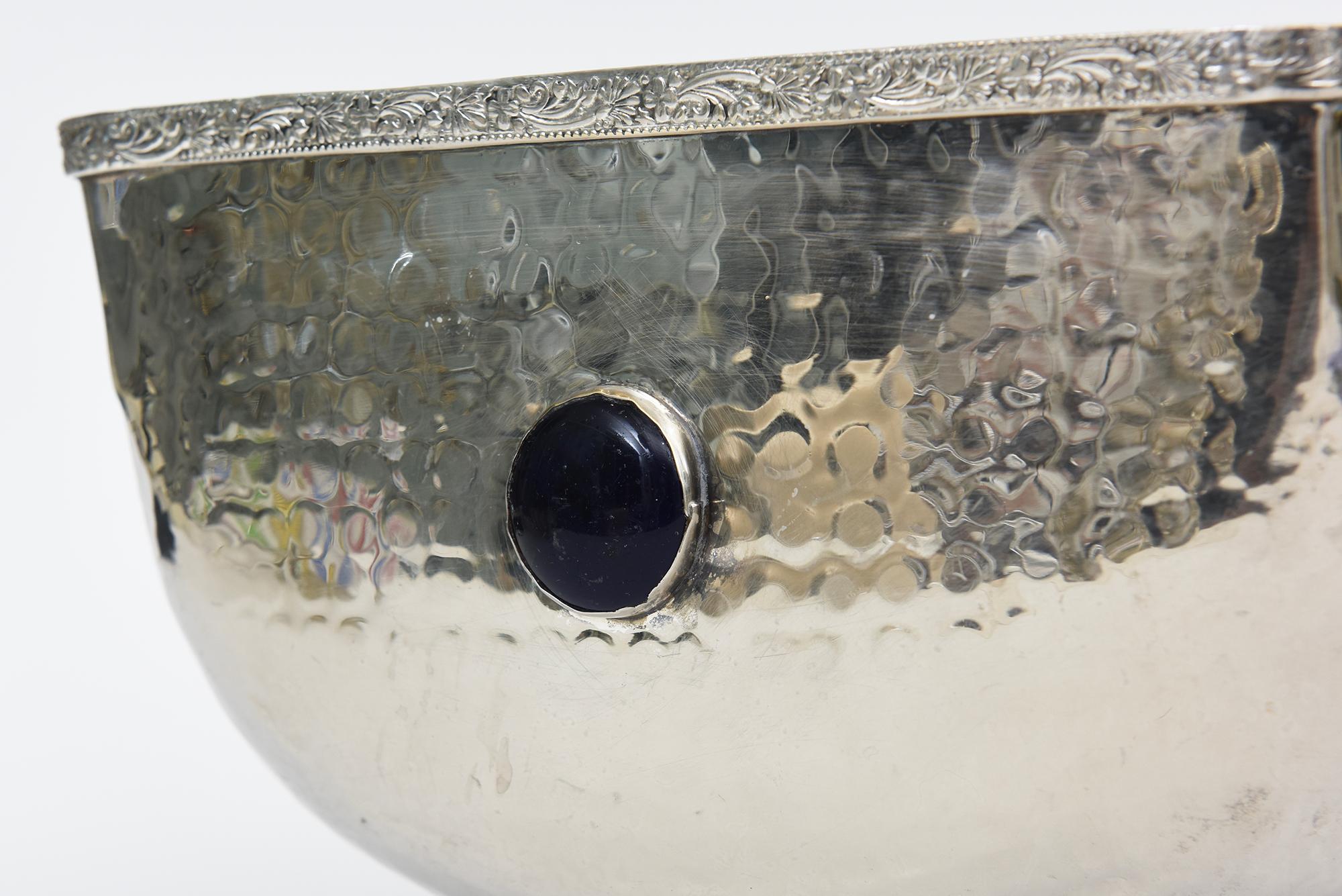 Vintage Hand Hammered Silver-Plate Large Bowl With Four Glass Stones In Good Condition In North Miami, FL
