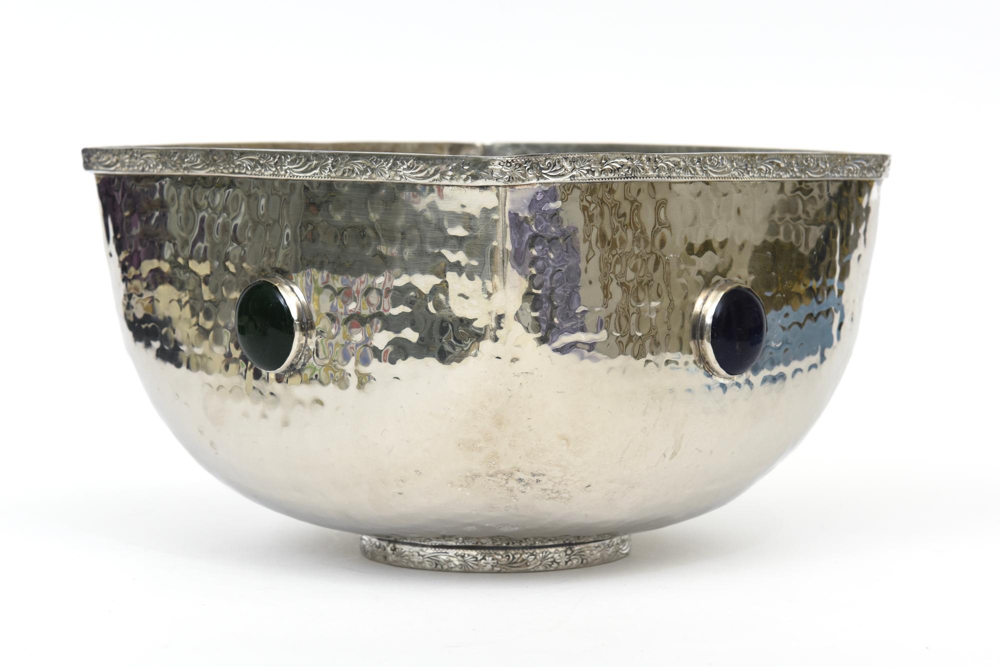 Late 20th Century Vintage Hand Hammered Silver-Plate Large Bowl With Four Glass Stones