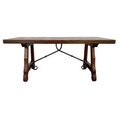 Vintage Hand Hewn Spanish Colonial Oak Coffee Table With Wrought Iron Stretcher
